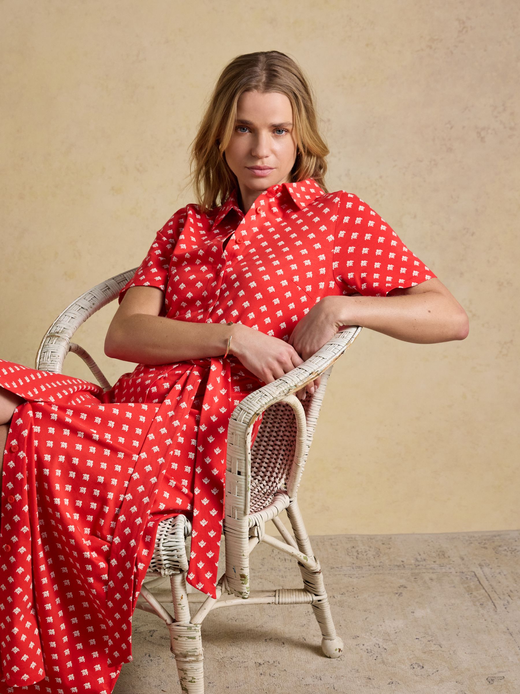 Sabrina Red Foulard Midi Shirt Dress - Image 3 of 7