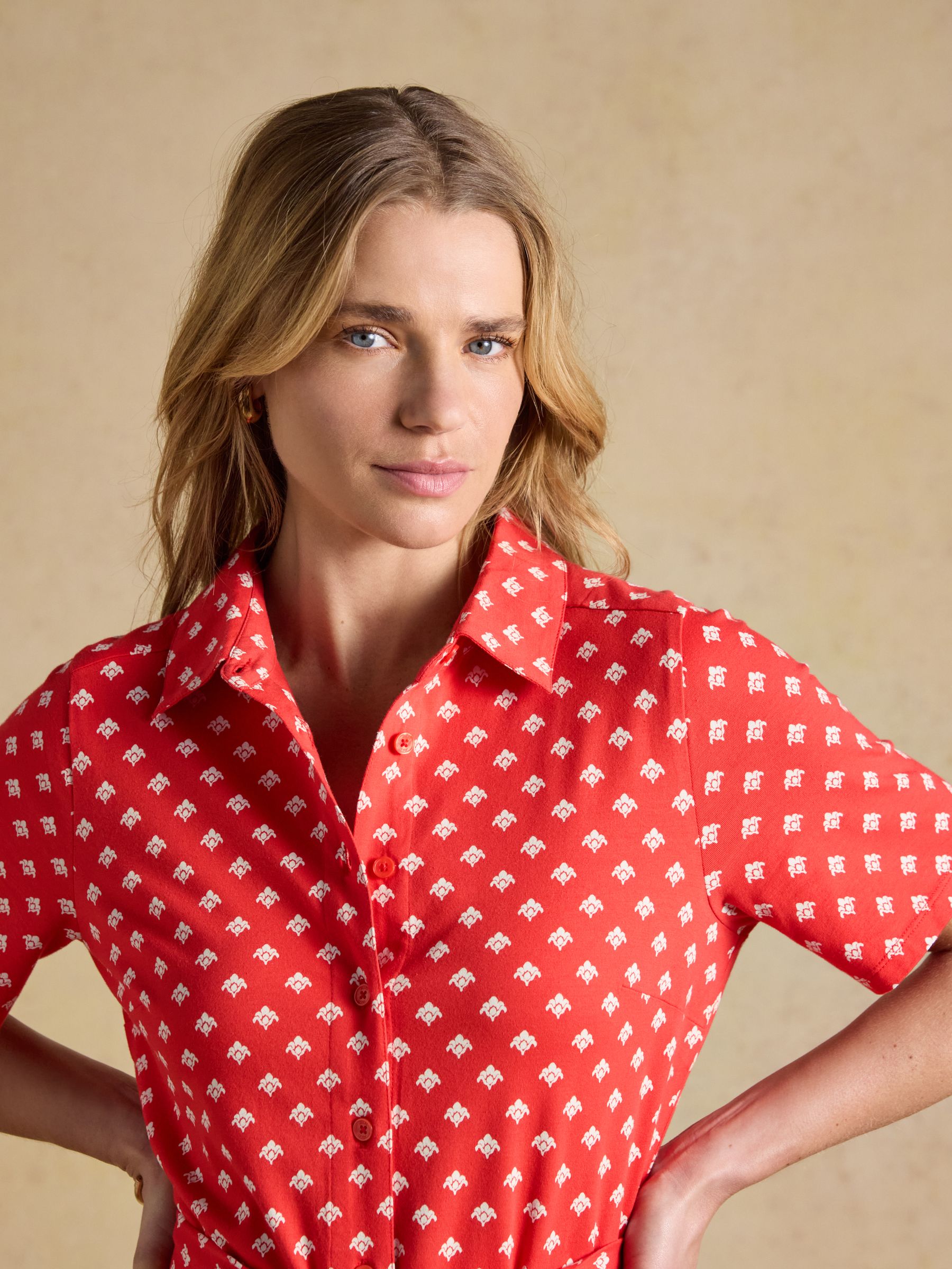 Sabrina Red Foulard Midi Shirt Dress - Image 5 of 7