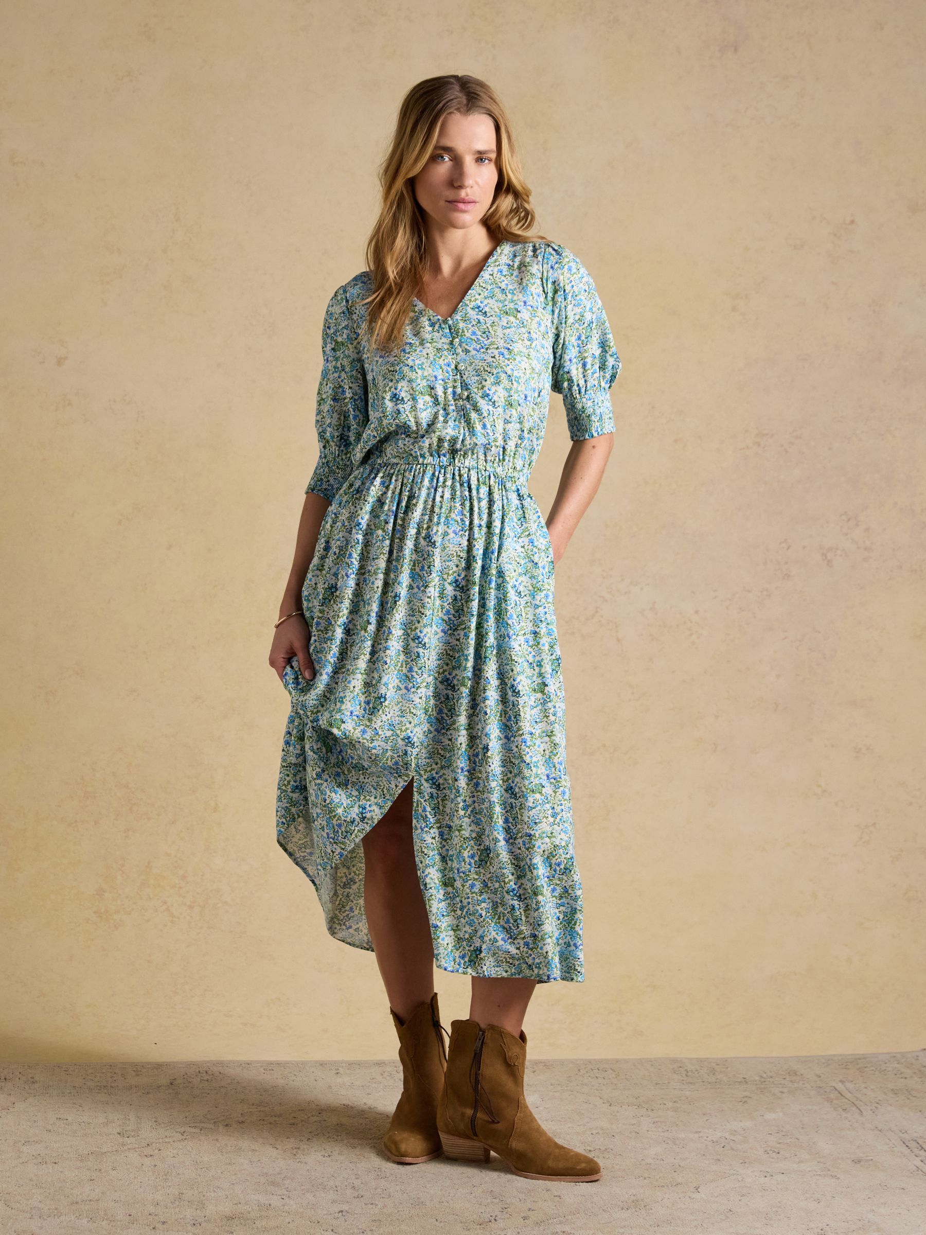 joules green floral dress Adele Ditsy V-Neck Short Sleeve Midi Frill dress