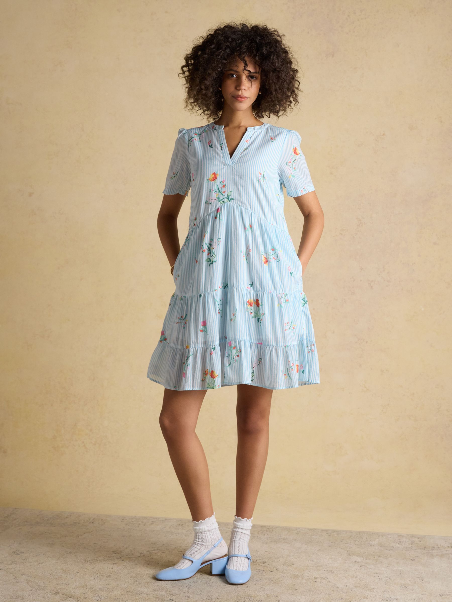 Ariella Blue Floral Cotton Tiered Knee Short Summer Dress - Image 1 of 8