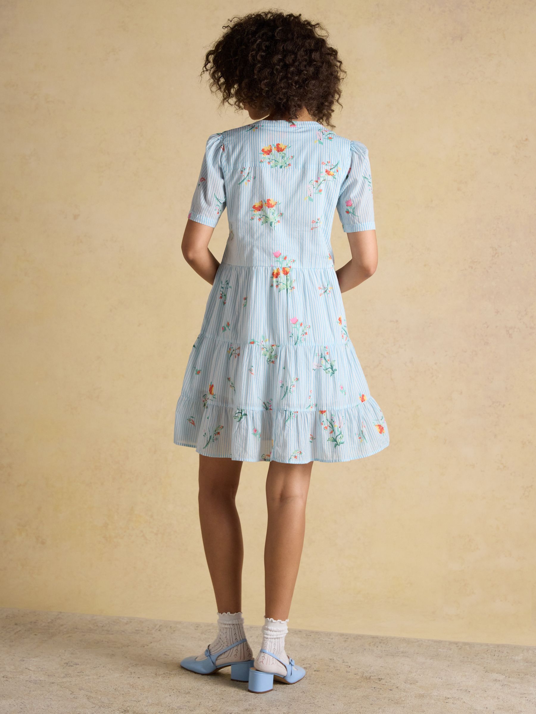 Ariella Blue Floral Cotton Tiered Knee Short Summer Dress - Image 2 of 8