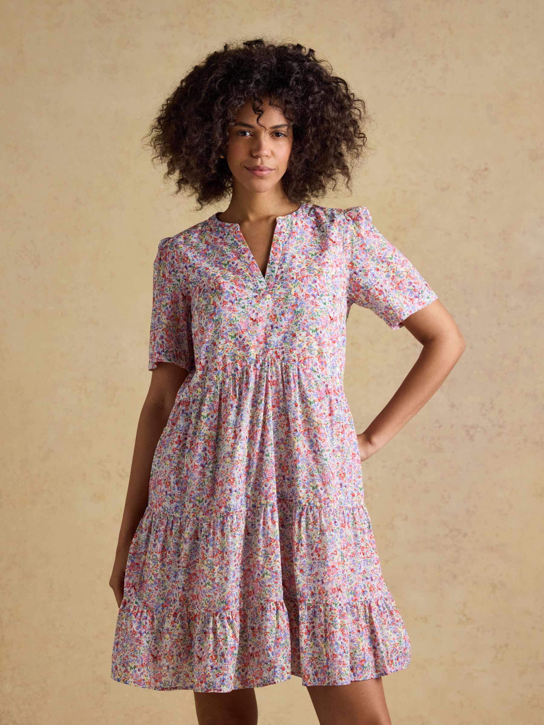 Ariella Pink Ditsy Cotton Tiered Knee Length Dress | Joules