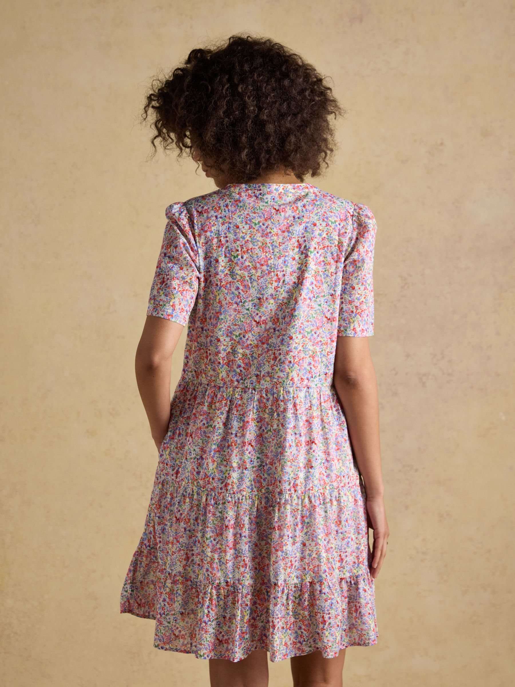 Ariella Pink Ditsy Cotton Tiered Knee Length Dress - Image 2 of 7