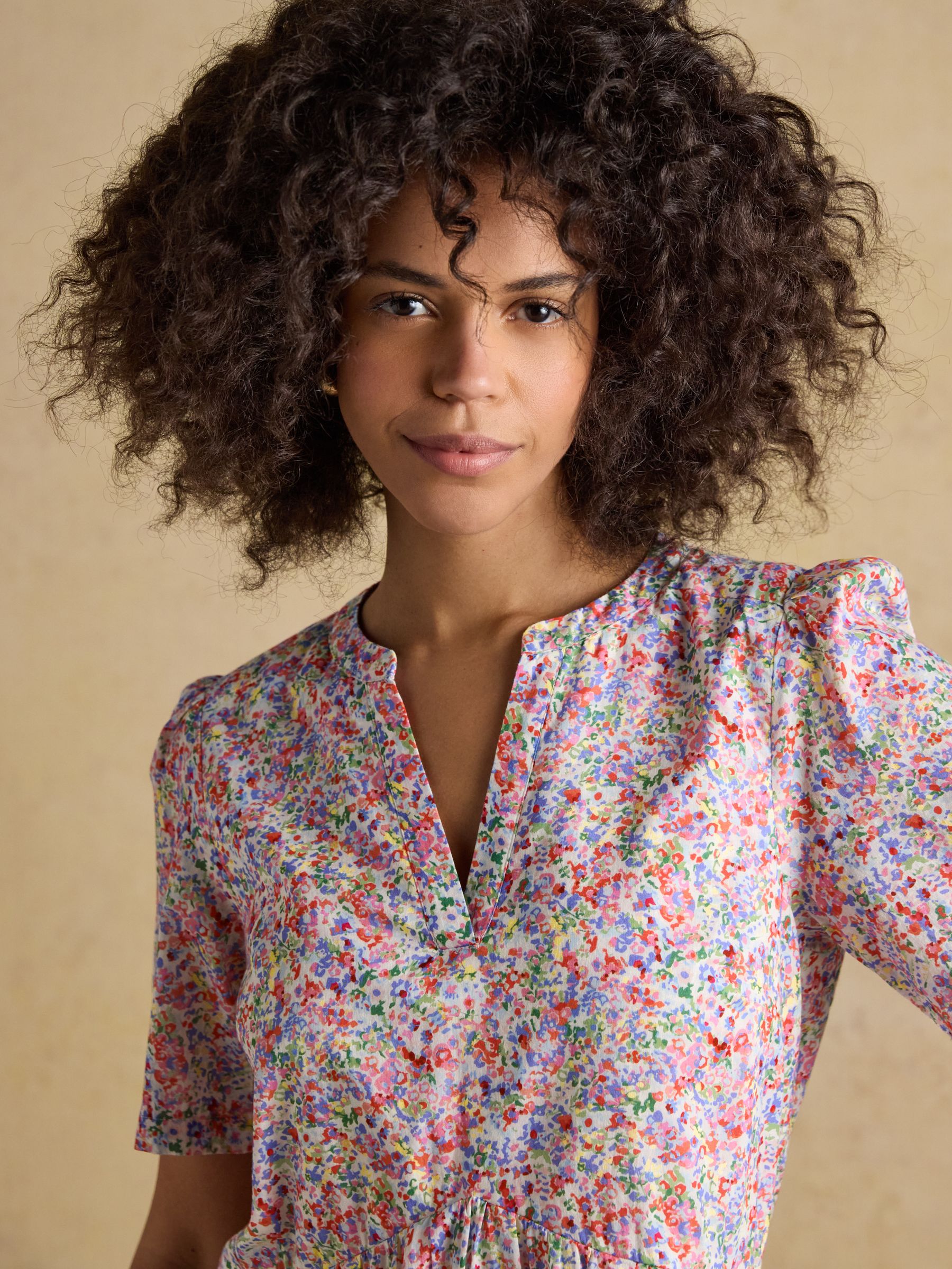 Ariella Pink Ditsy Cotton Tiered Knee Length Dress - Image 3 of 7