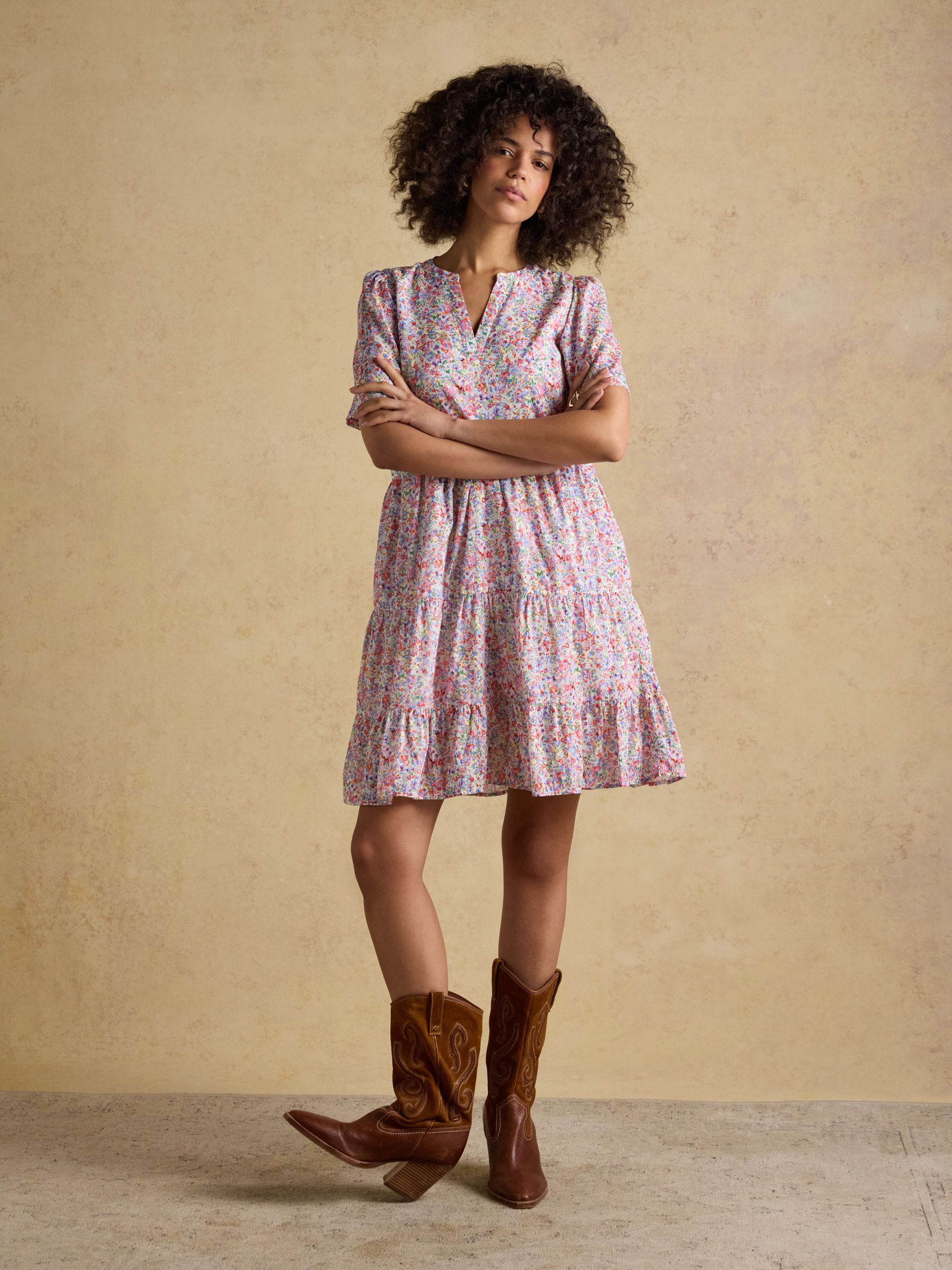 Ariella Pink Ditsy Cotton Tiered Knee Length Dress - Image 5 of 7