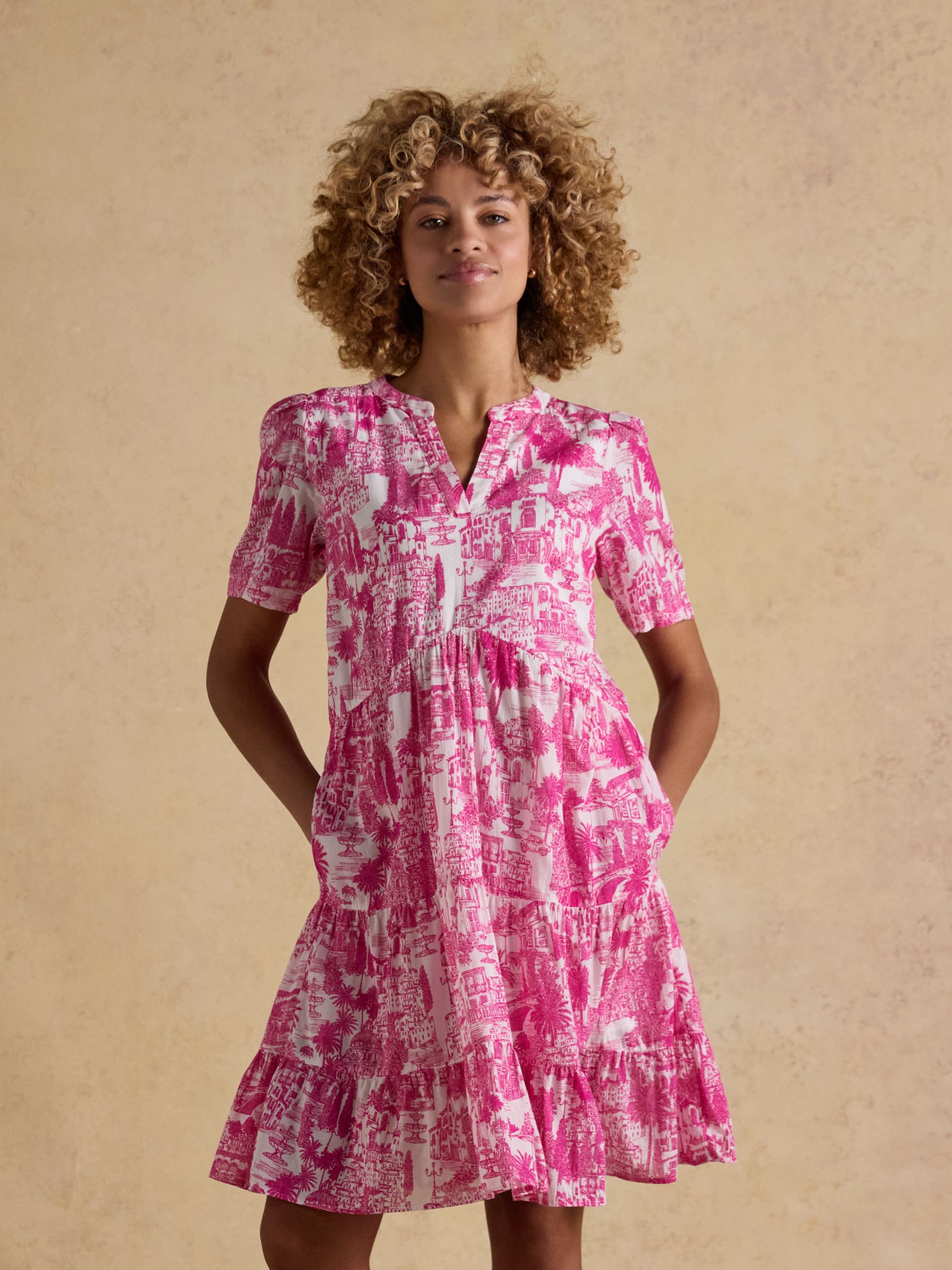 Ariella Pink Toile Cotton Tiered Knee Length Dress - Image 1 of 8