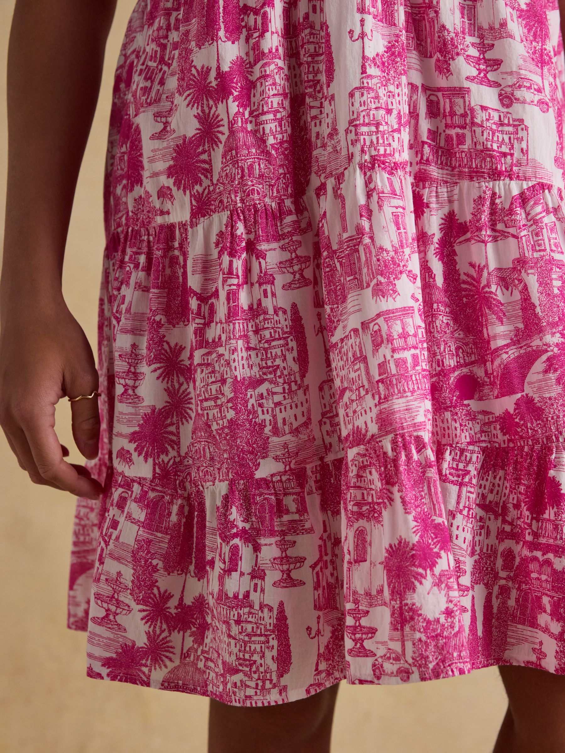 Ariella Pink Toile Cotton Tiered Knee Length Dress - Image 3 of 8