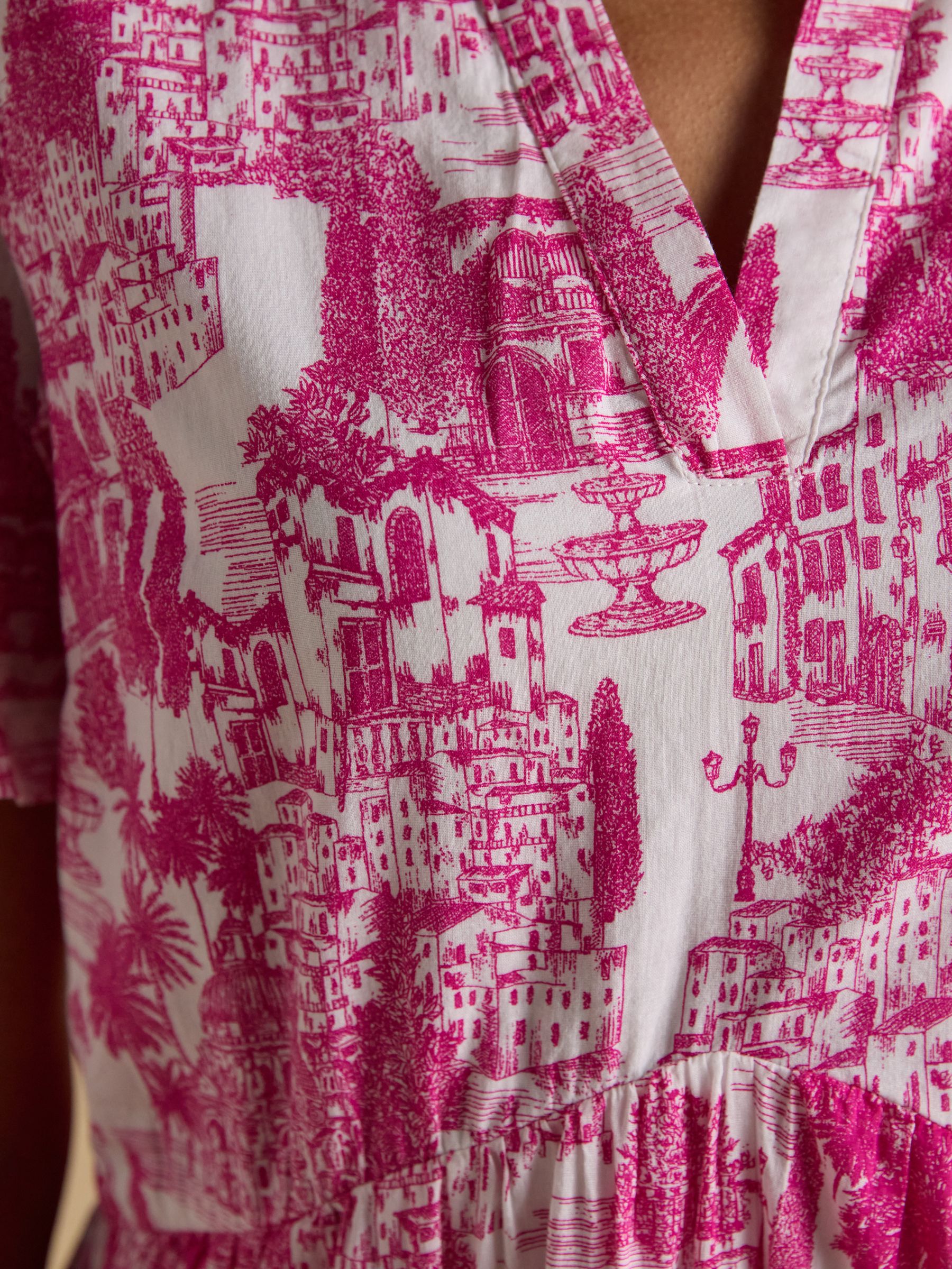 Ariella Pink Toile Cotton Tiered Knee Length Dress - Image 7 of 8