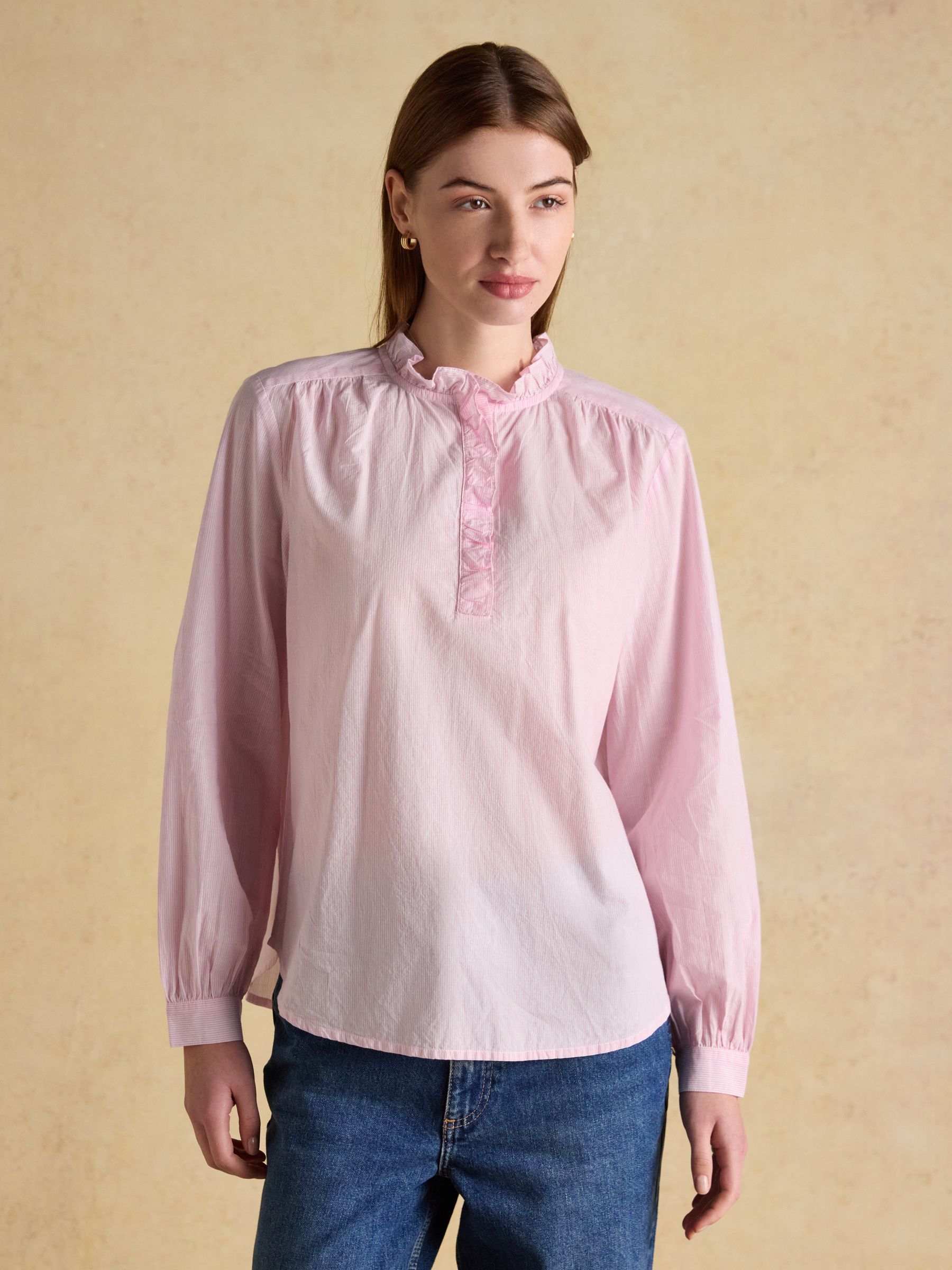 Melanie Pink Long Sleeve Blouse with Ruffle Neck - Image 1 of 9