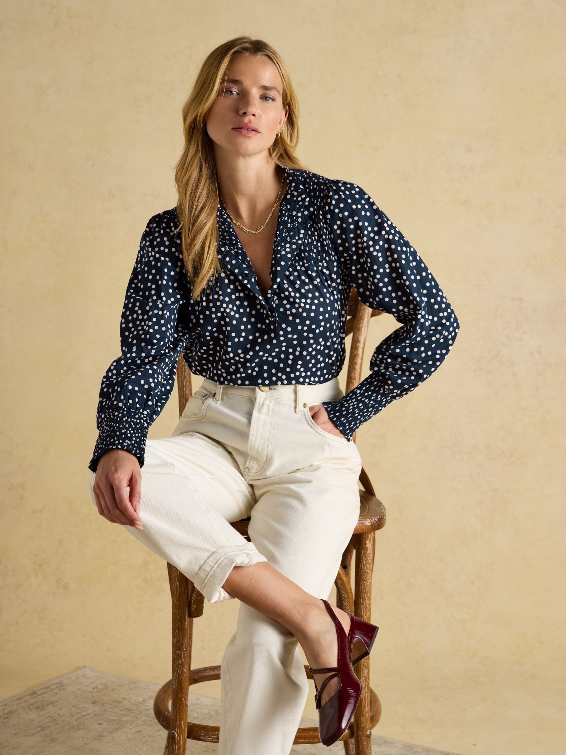 Silvia Navy Long Sleeve 100% Cotton Smocked Long Sleeve Blouse - Image 3 of 9