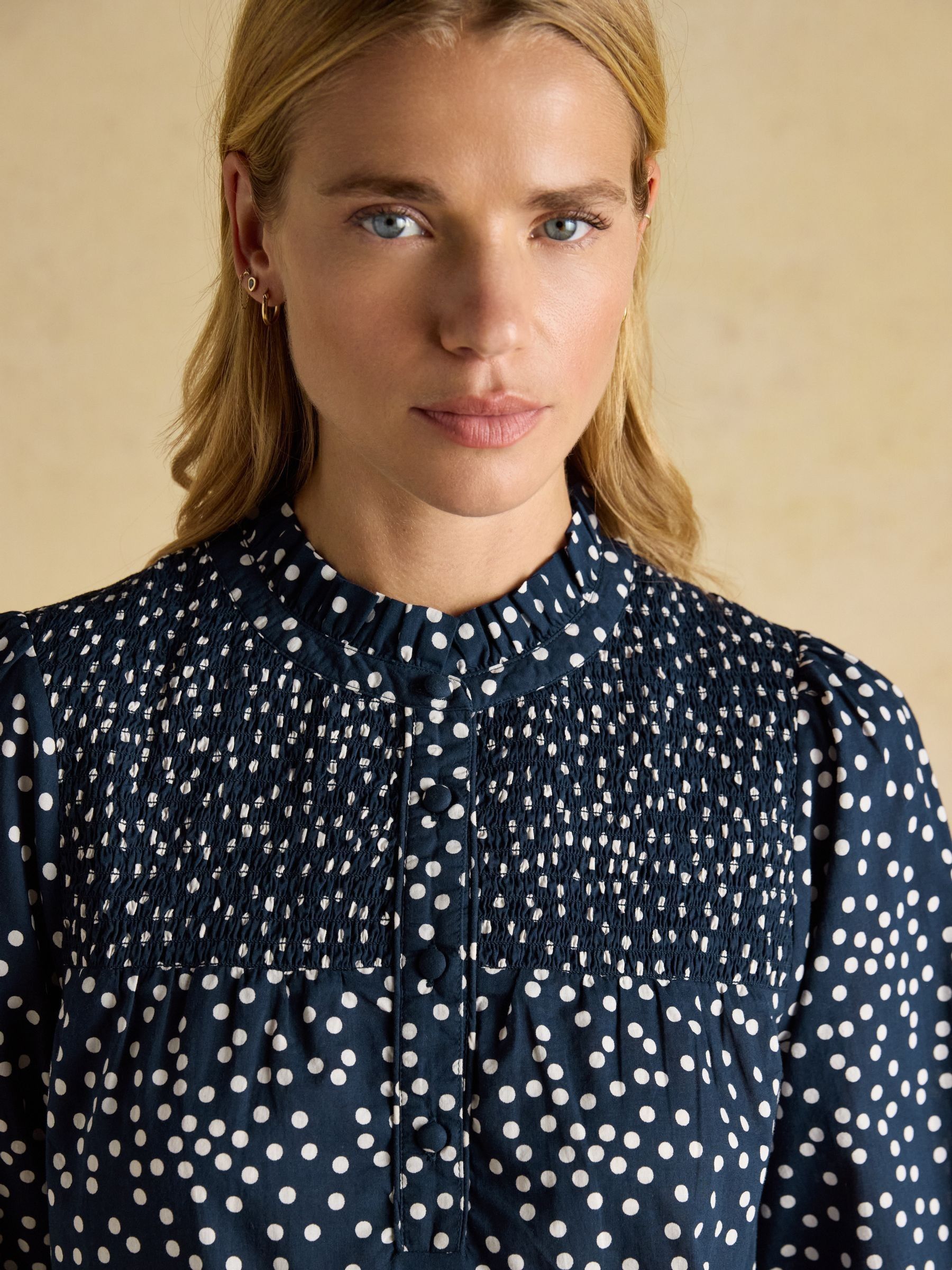 Silvia Navy Long Sleeve 100% Cotton Smocked Long Sleeve Blouse - Image 6 of 9