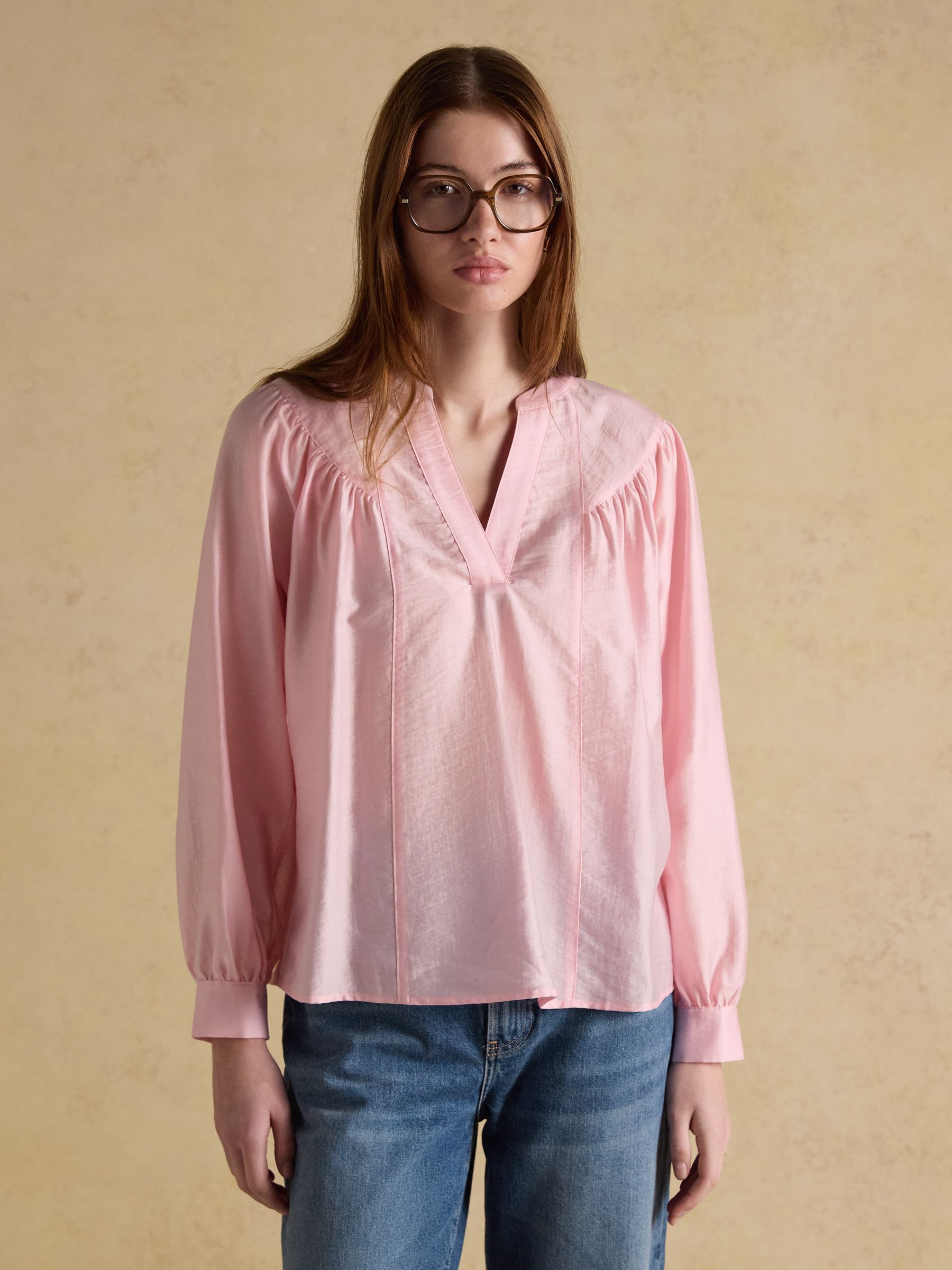 Rose Pink Long Sleeve V-Neck Blouse - Image 1 of 8
