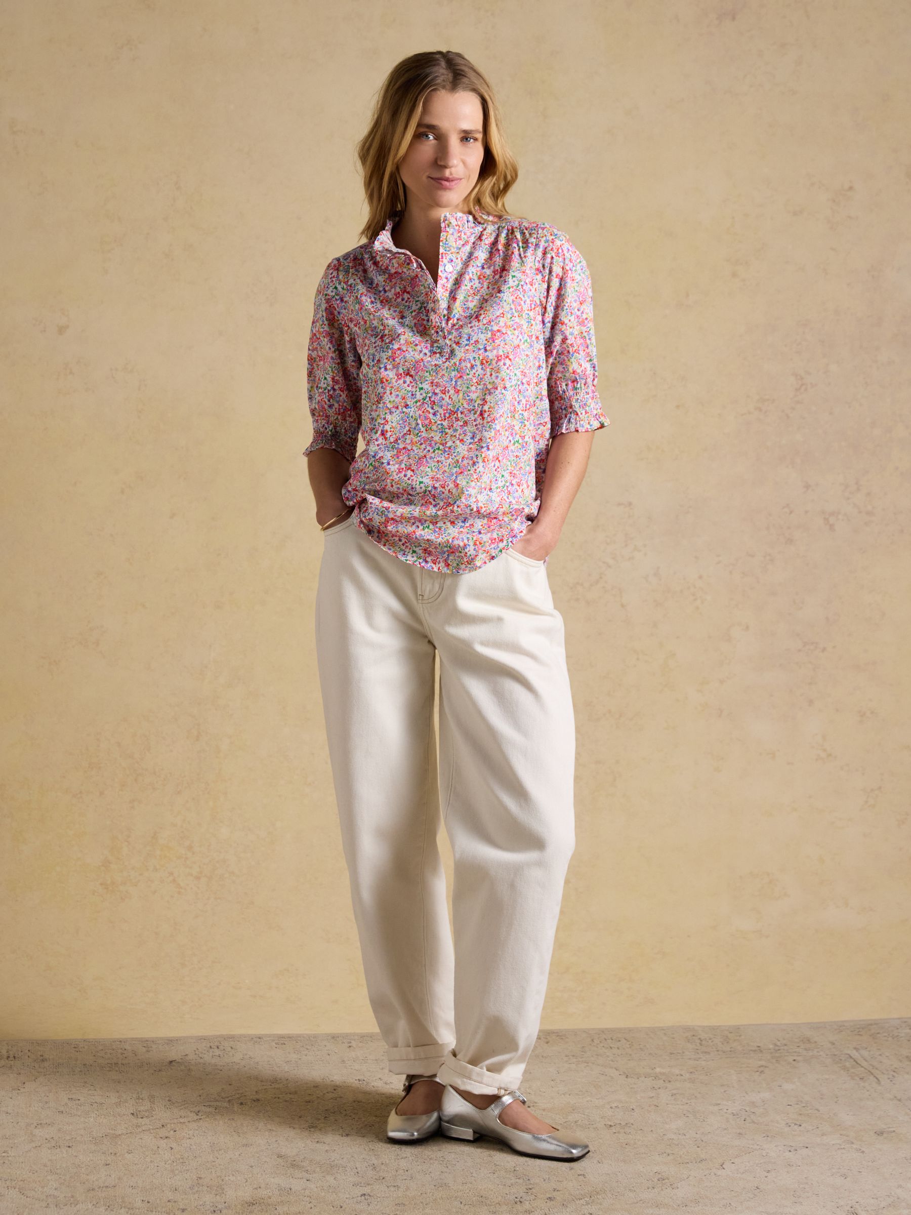 Melanie Multi Ditsy Short Sleeve Ruffle Blouse | Joules