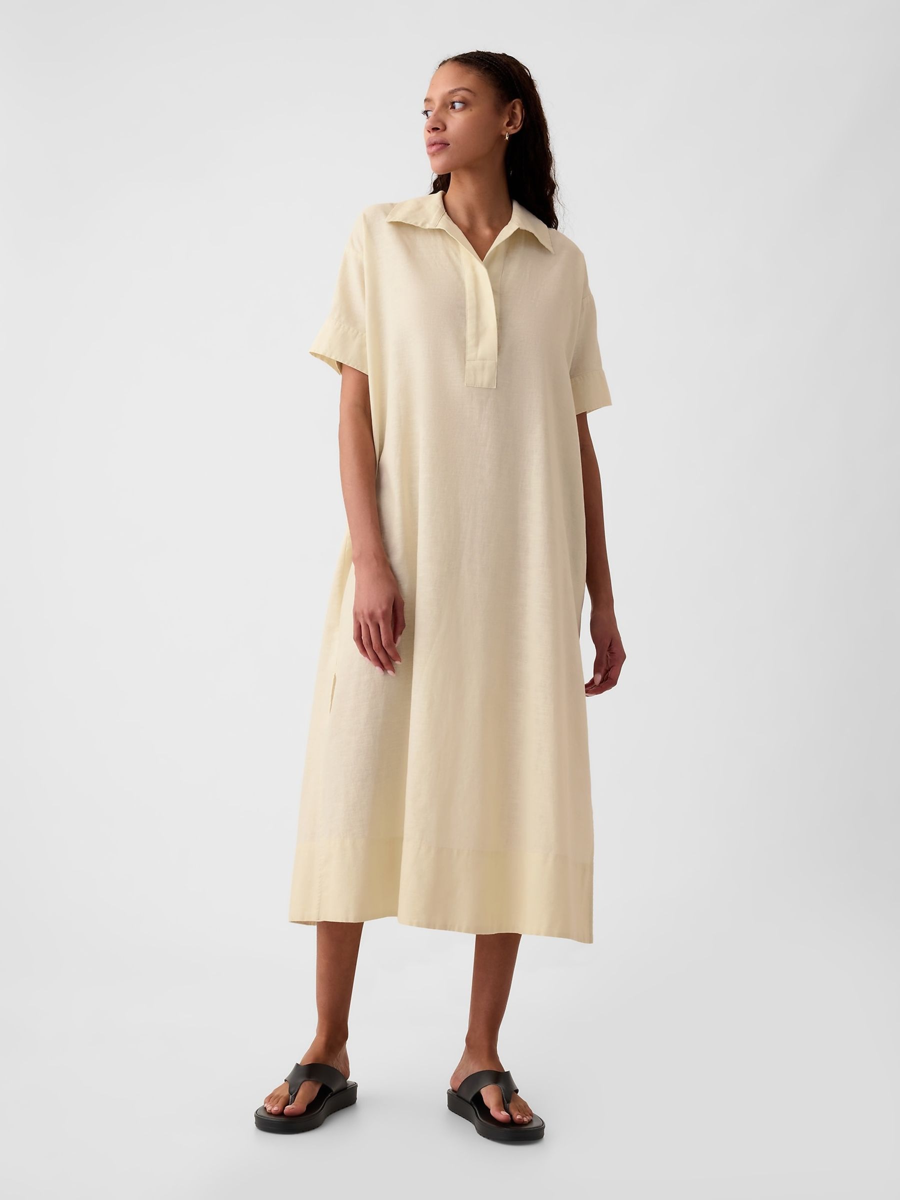 Cream Linen-Cotton Short Sleeve Maxi Dress - Image 1 of 5