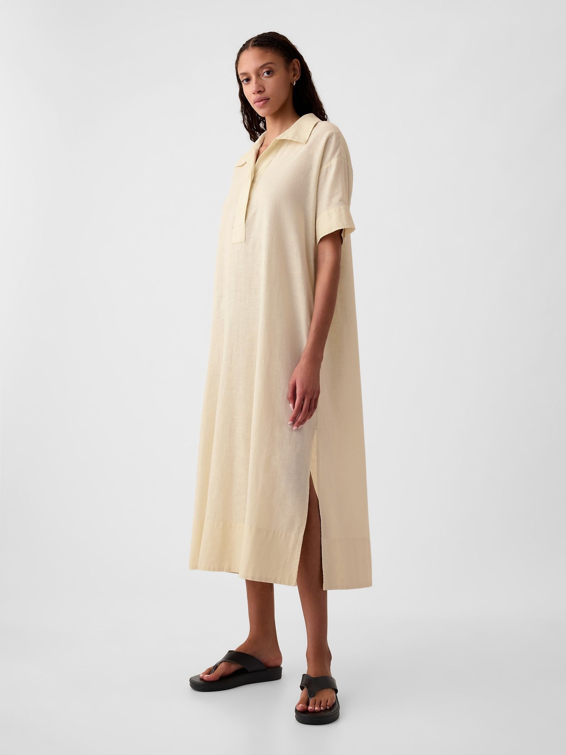 Cream Linen-Cotton Short Sleeve Maxi Dress - Image 3 of 5