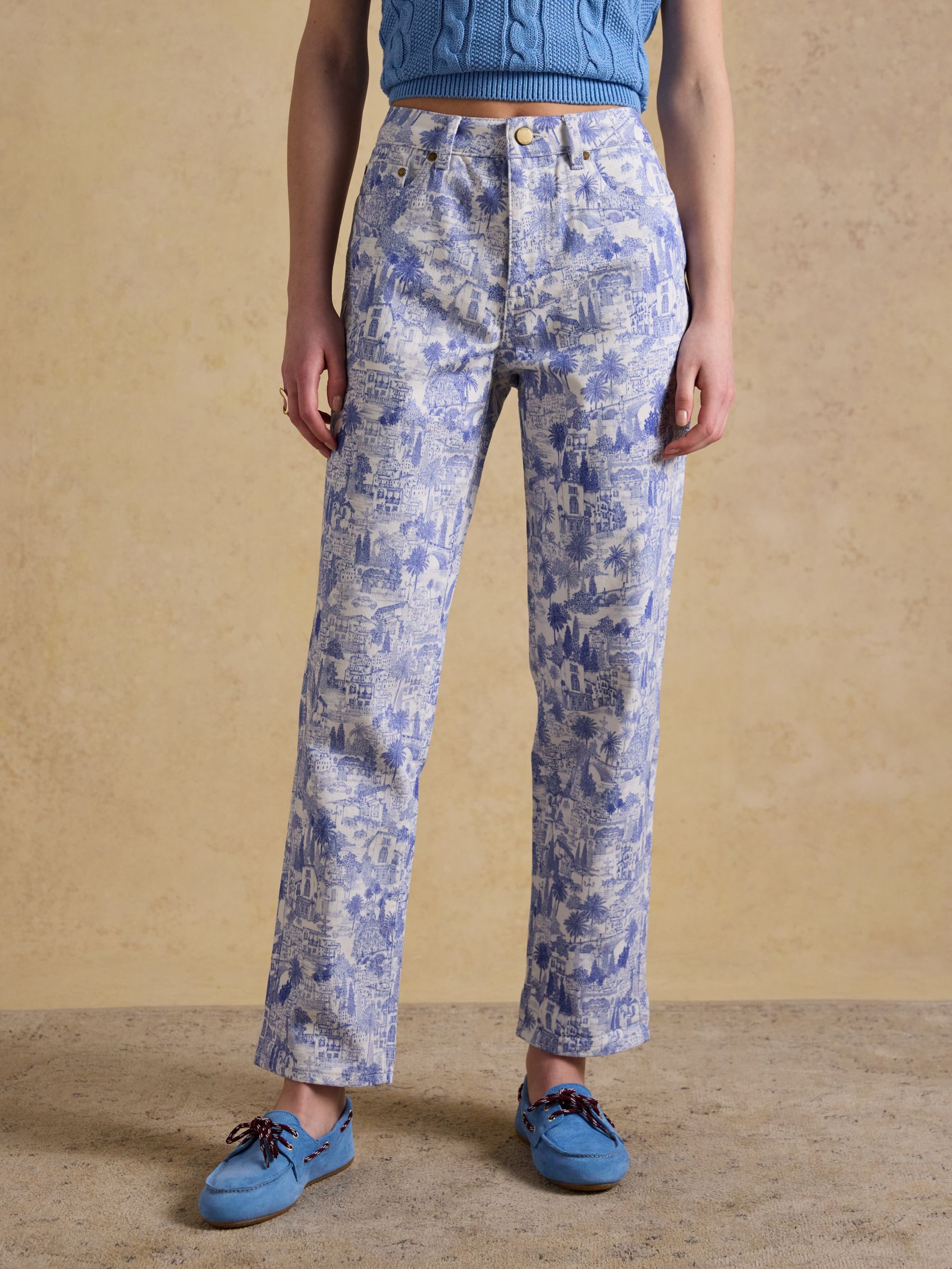 Blue & White Blue Toile Print Straight Fit Slim Mid Rise Jeans - Image 1 of 7