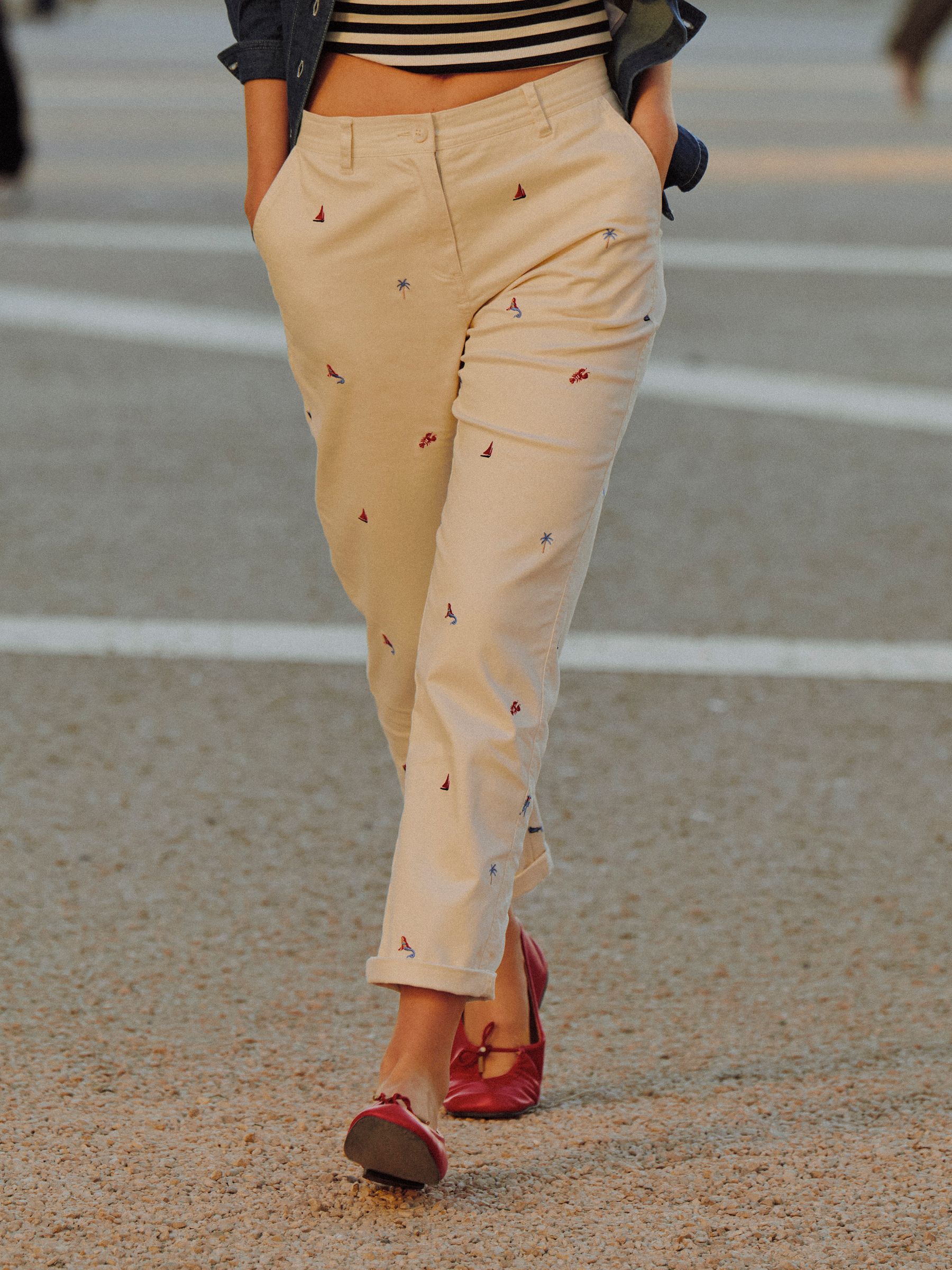 Cream Embroidered Slim Fit Chino Trousers with Elasticated Waist - Image 1 of 11