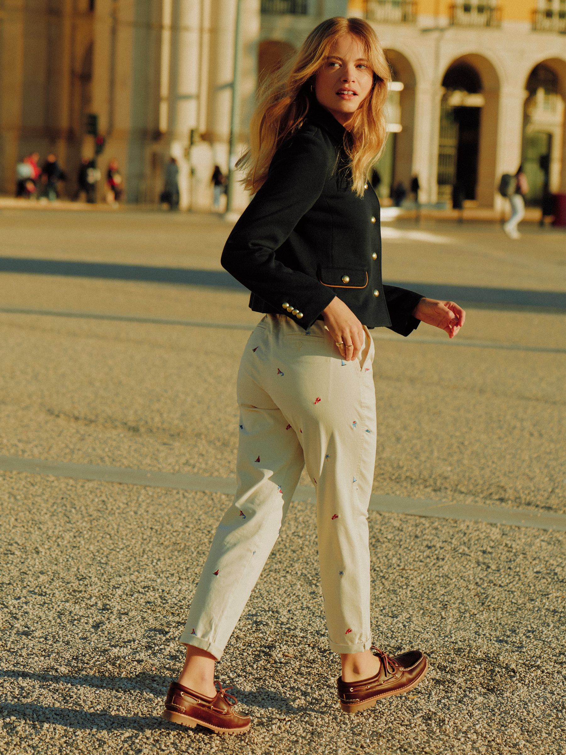 Cream Embroidered Slim Fit Chino Trousers with Elasticated Waist - Image 2 of 11