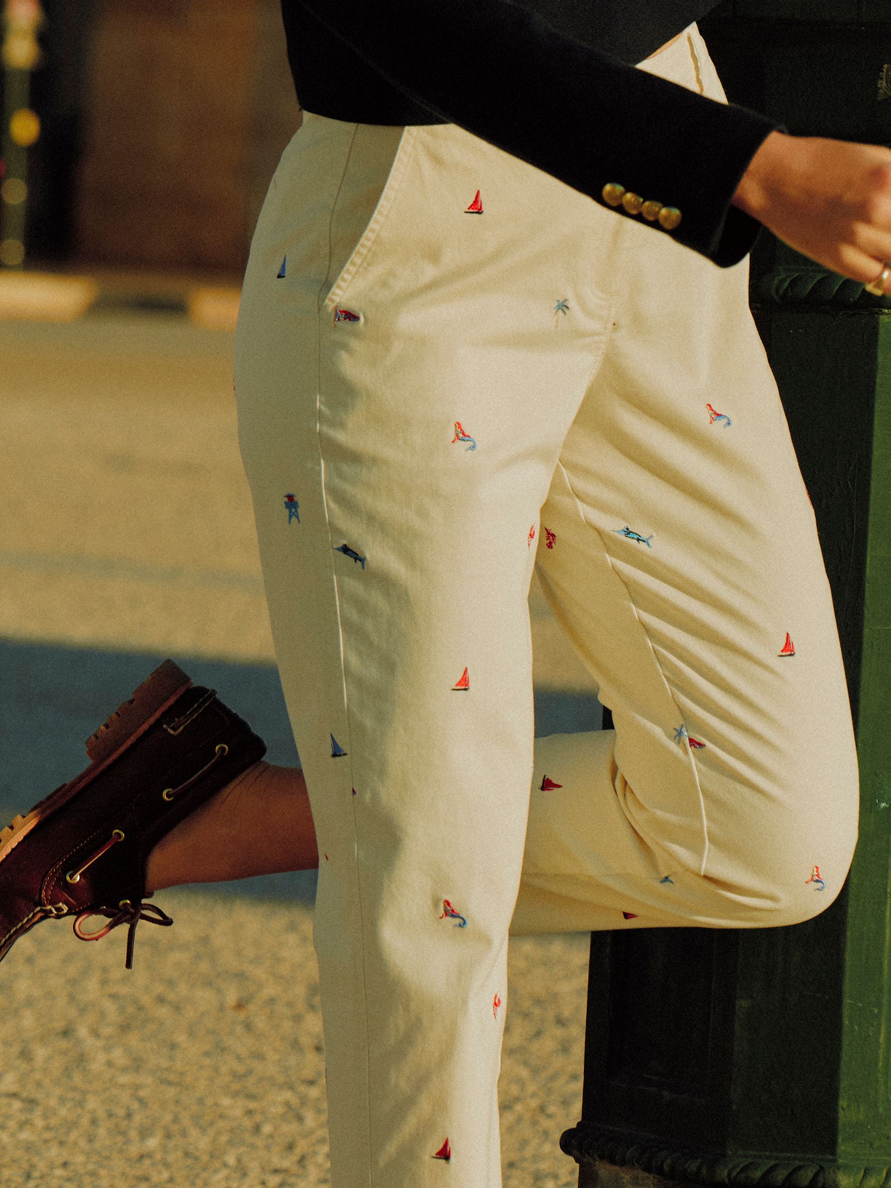 Cream Embroidered Slim Fit Chino Trousers with Elasticated Waist - Image 3 of 11
