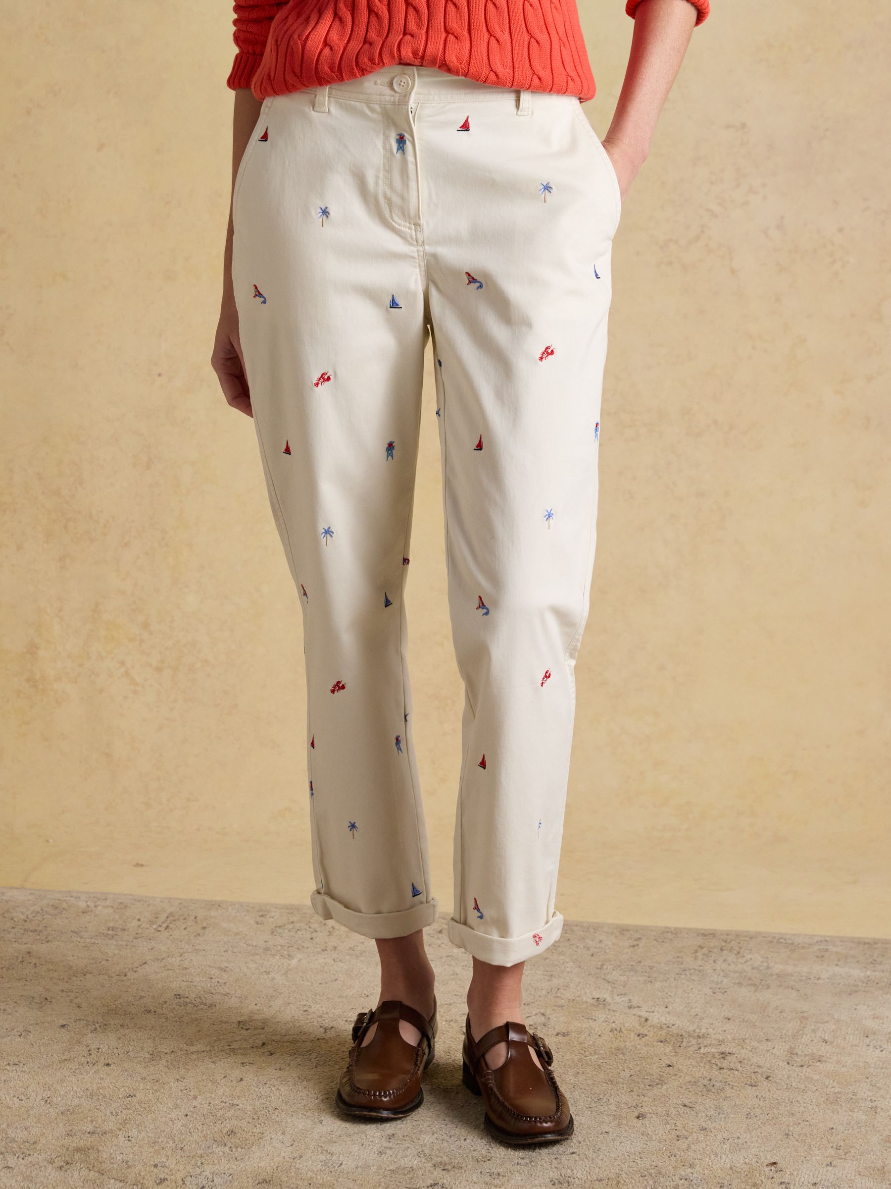Cream Embroidered Slim Fit Chino Trousers with Elasticated Waist - Image 4 of 11