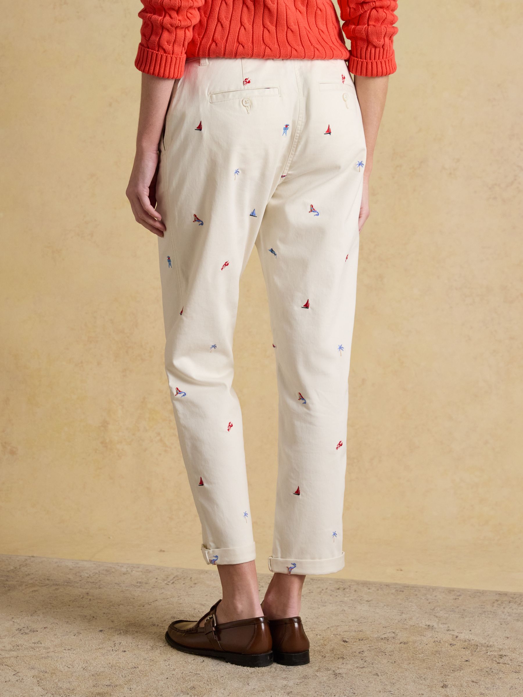 Cream Embroidered Slim Fit Chino Trousers with Elasticated Waist - Image 5 of 11