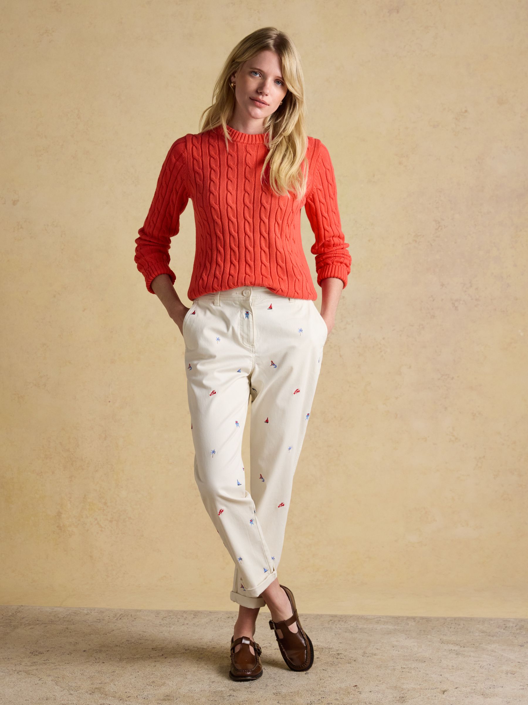 Cream Embroidered Slim Fit Chino Trousers with Elasticated Waist - Image 6 of 11