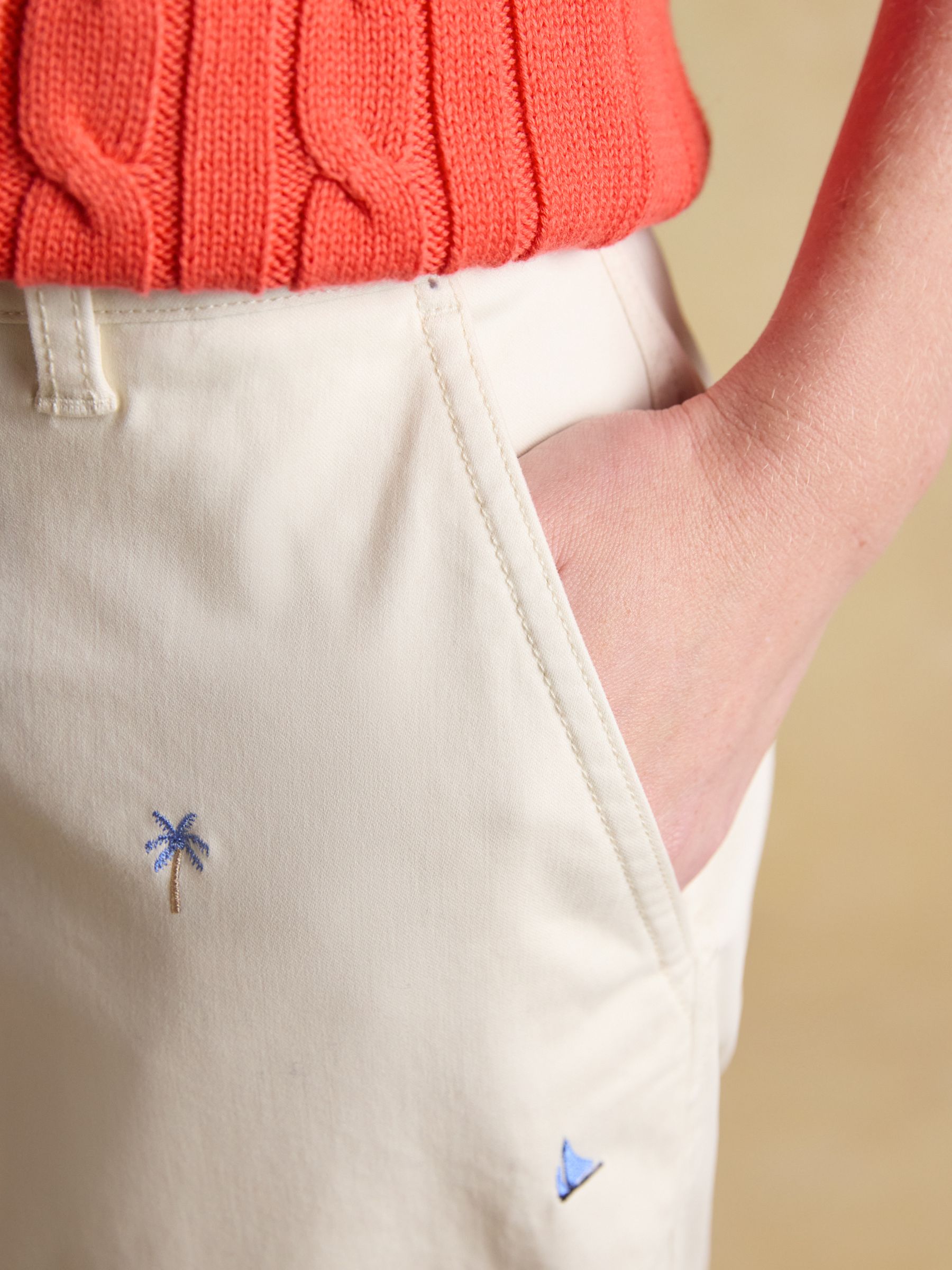 Cream Embroidered Slim Fit Chino Trousers with Elasticated Waist - Image 7 of 11