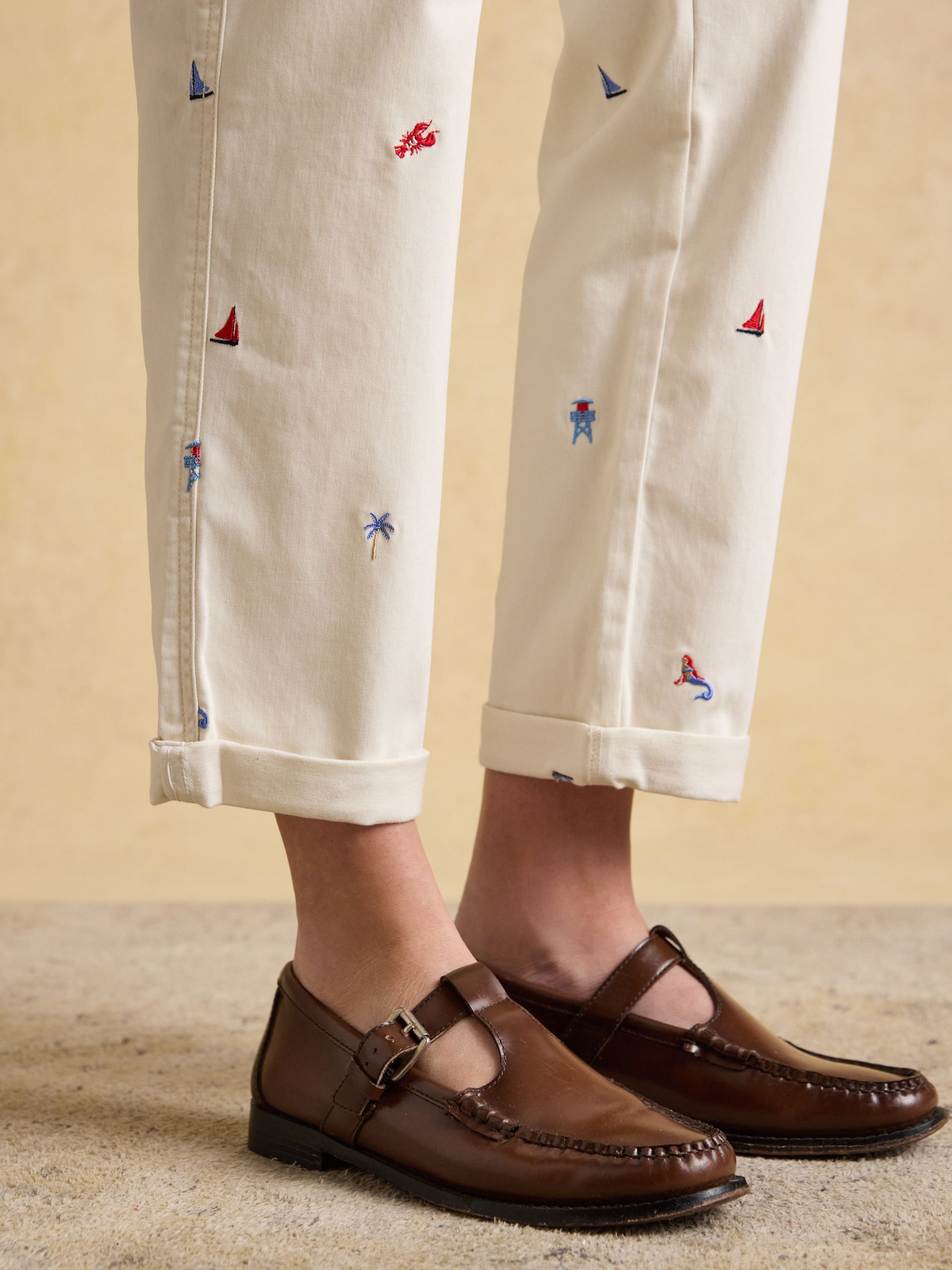 Cream Embroidered Slim Fit Chino Trousers with Elasticated Waist - Image 8 of 11