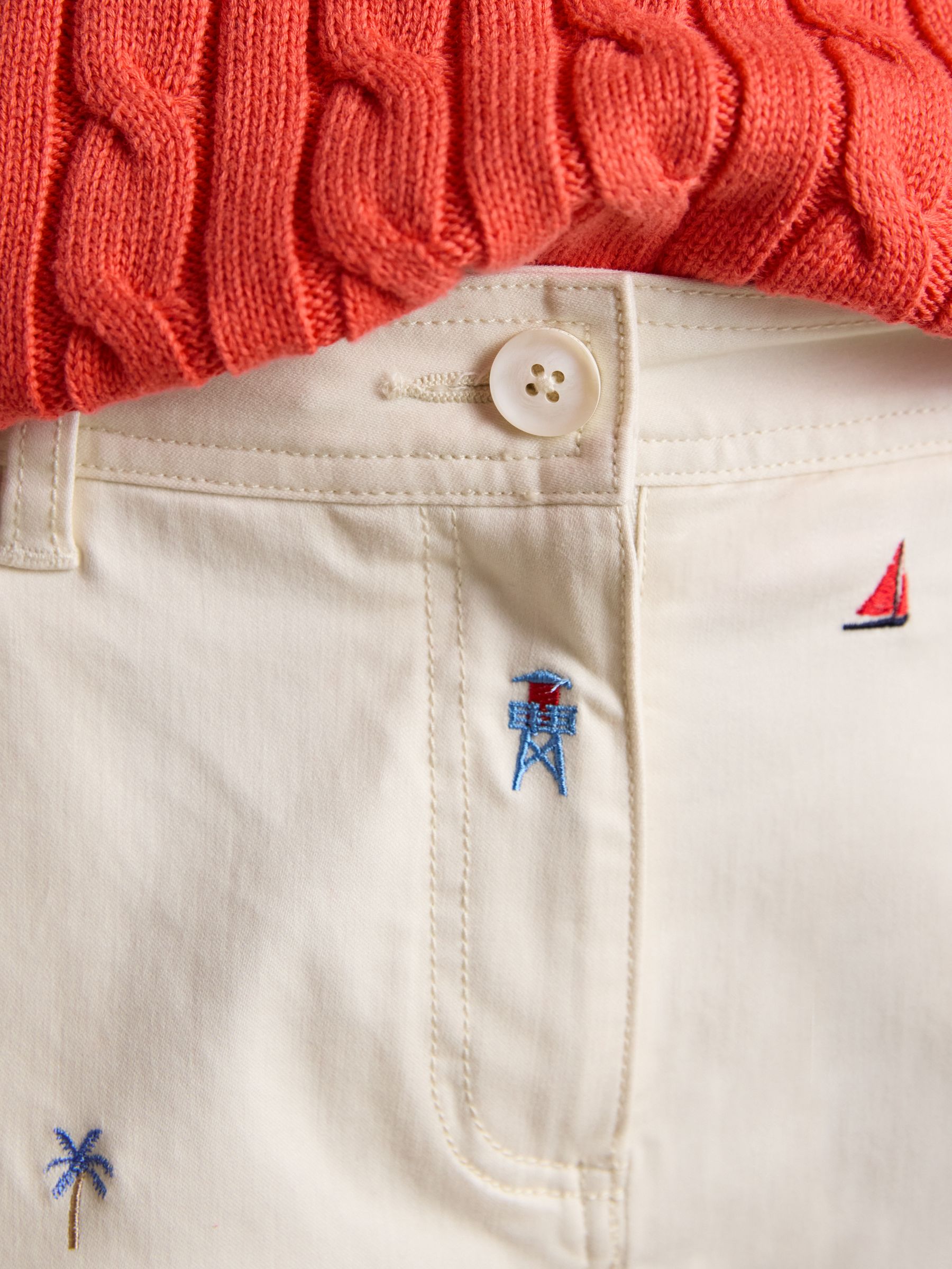 Cream Embroidered Slim Fit Chino Trousers with Elasticated Waist - Image 9 of 11