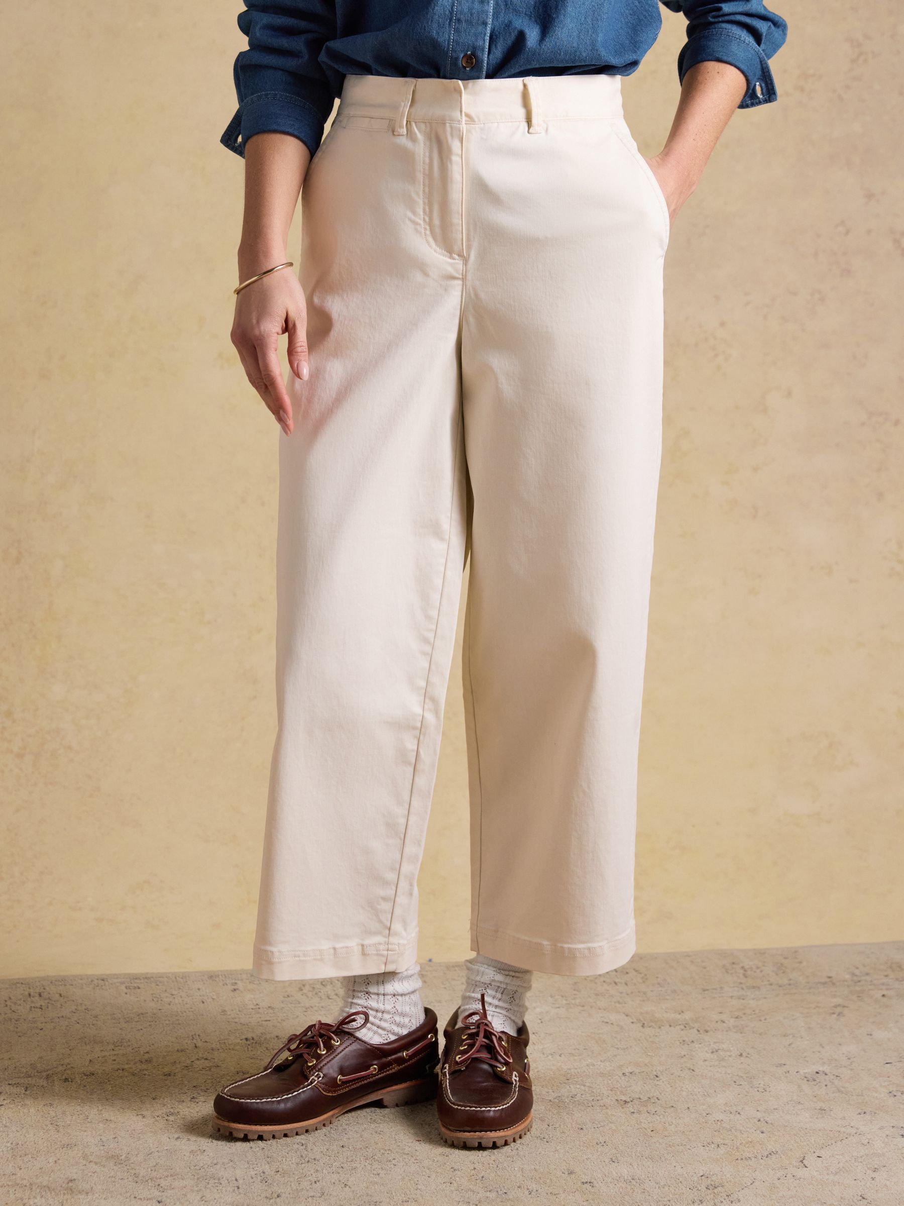 Cream Wide Leg Cropped Chino Trousers with Elasticated Waist - Image 1 of 6
