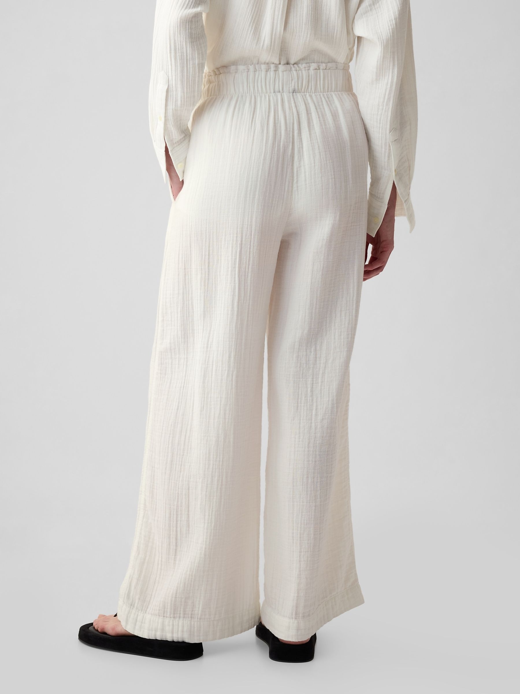 White Crinkle Cotton Wide Leg Pull On Trouser - Image 2 of 5