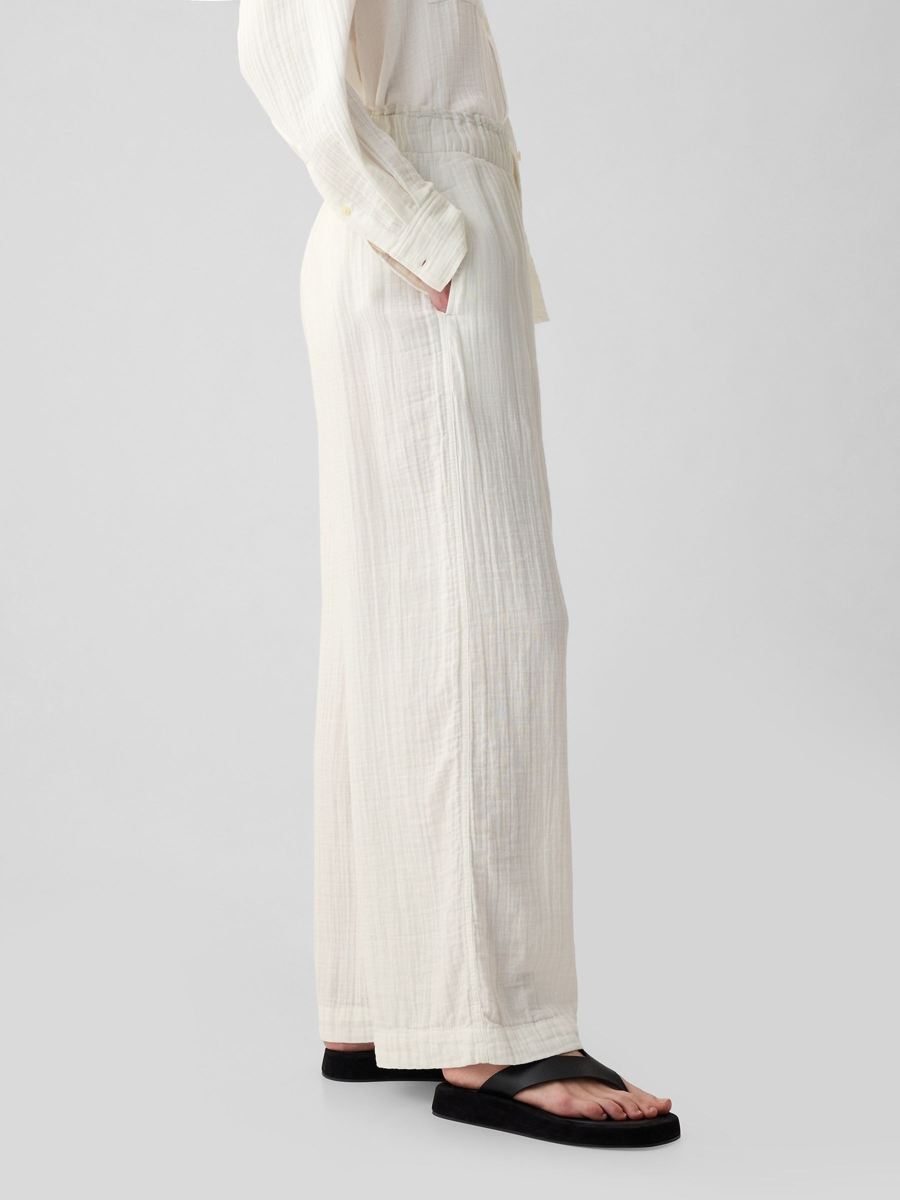 White Crinkle Cotton Wide Leg Pull On Trouser - Image 3 of 5