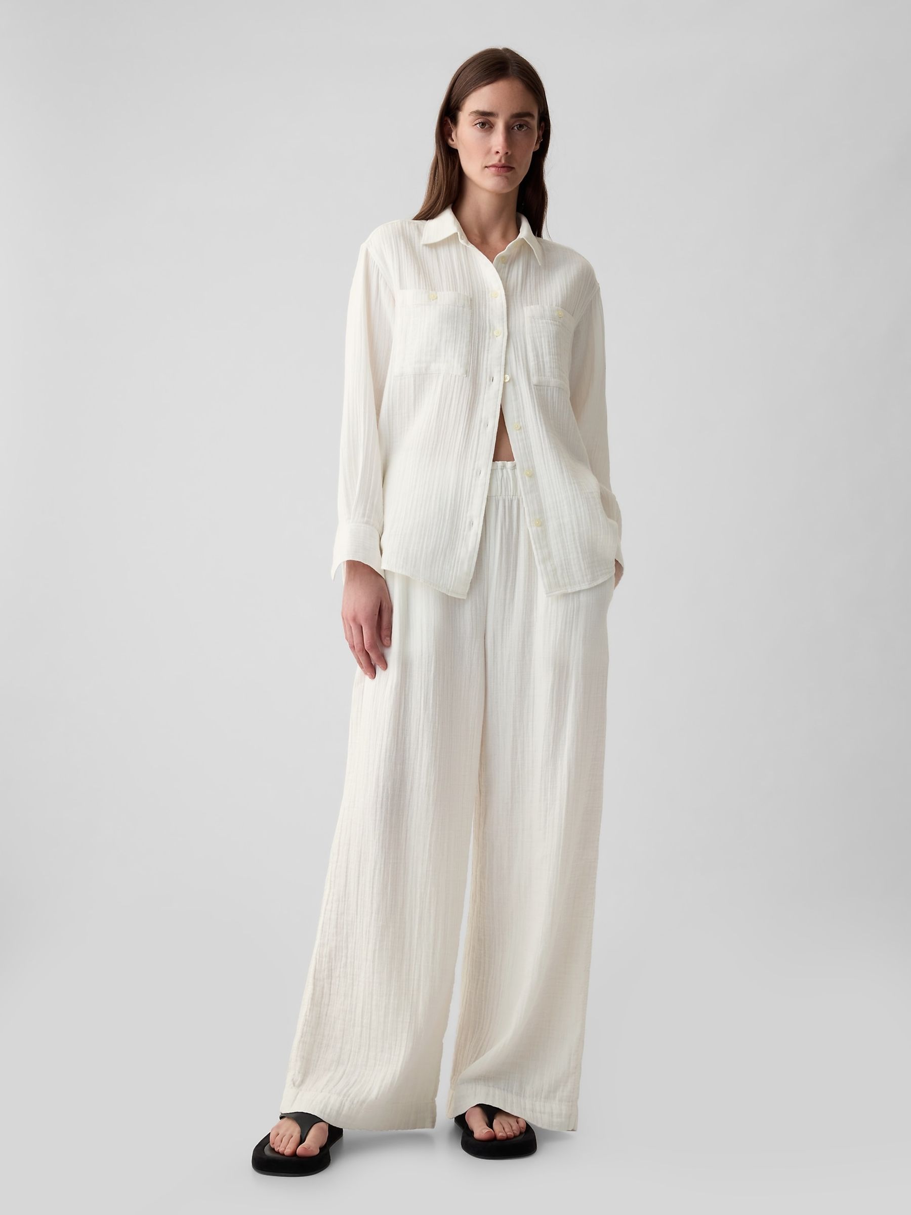 White Crinkle Cotton Wide Leg Pull On Trouser - Image 4 of 5