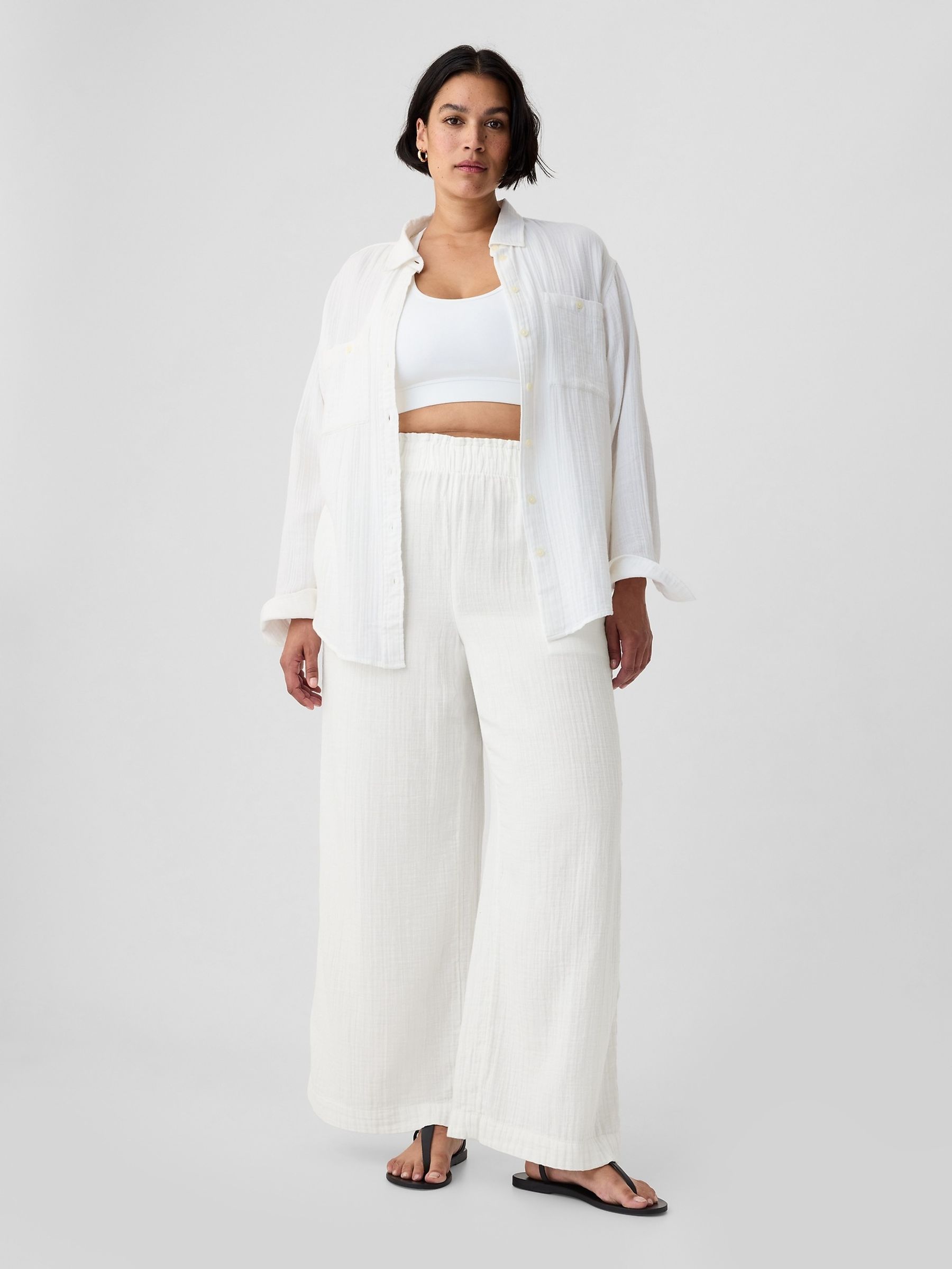 White Crinkle Cotton Wide Leg Pull On Trouser - Image 5 of 5