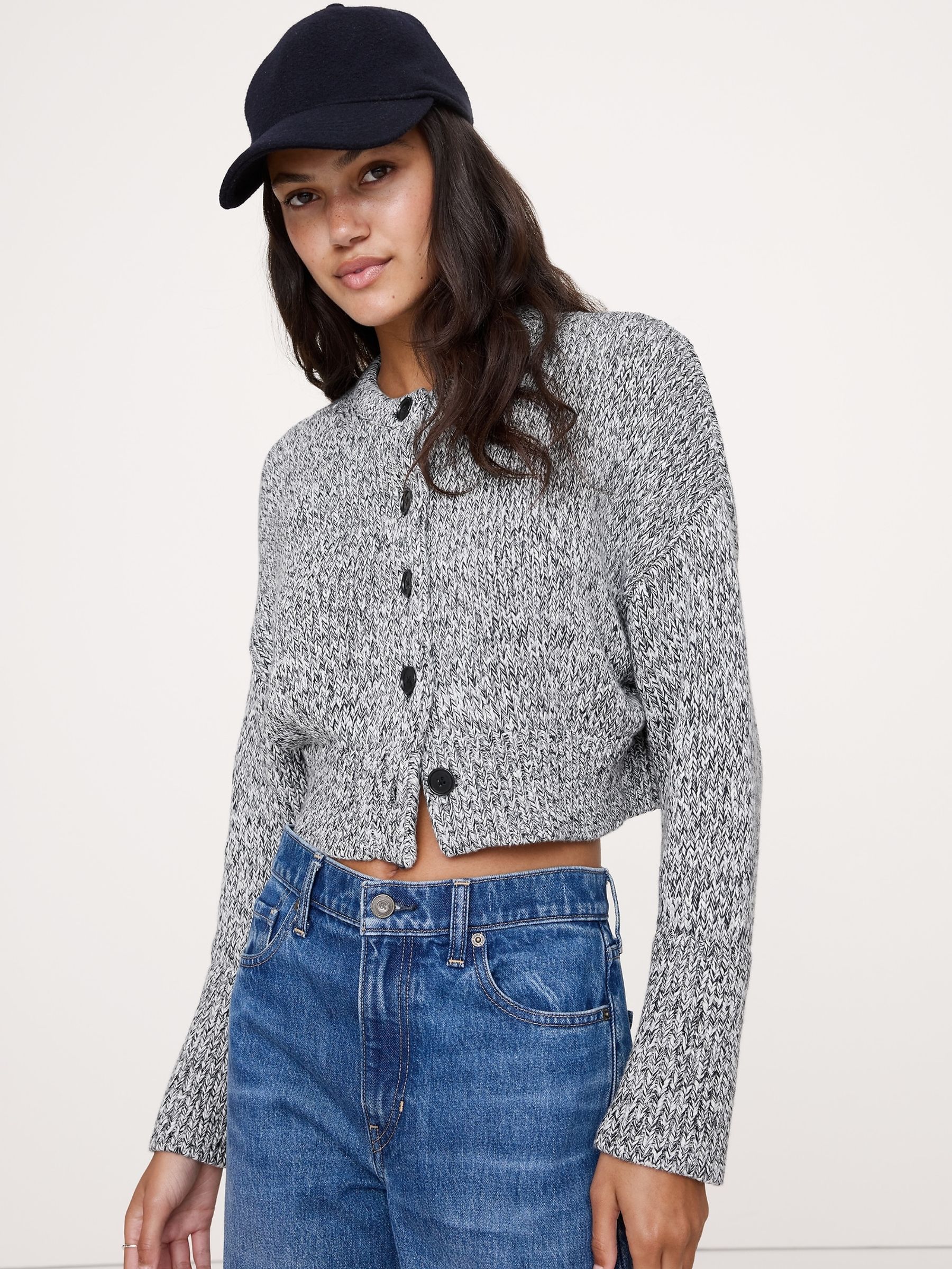 Banana Republic Grey Cotton Cropped Cardigan - Image 1 of 4