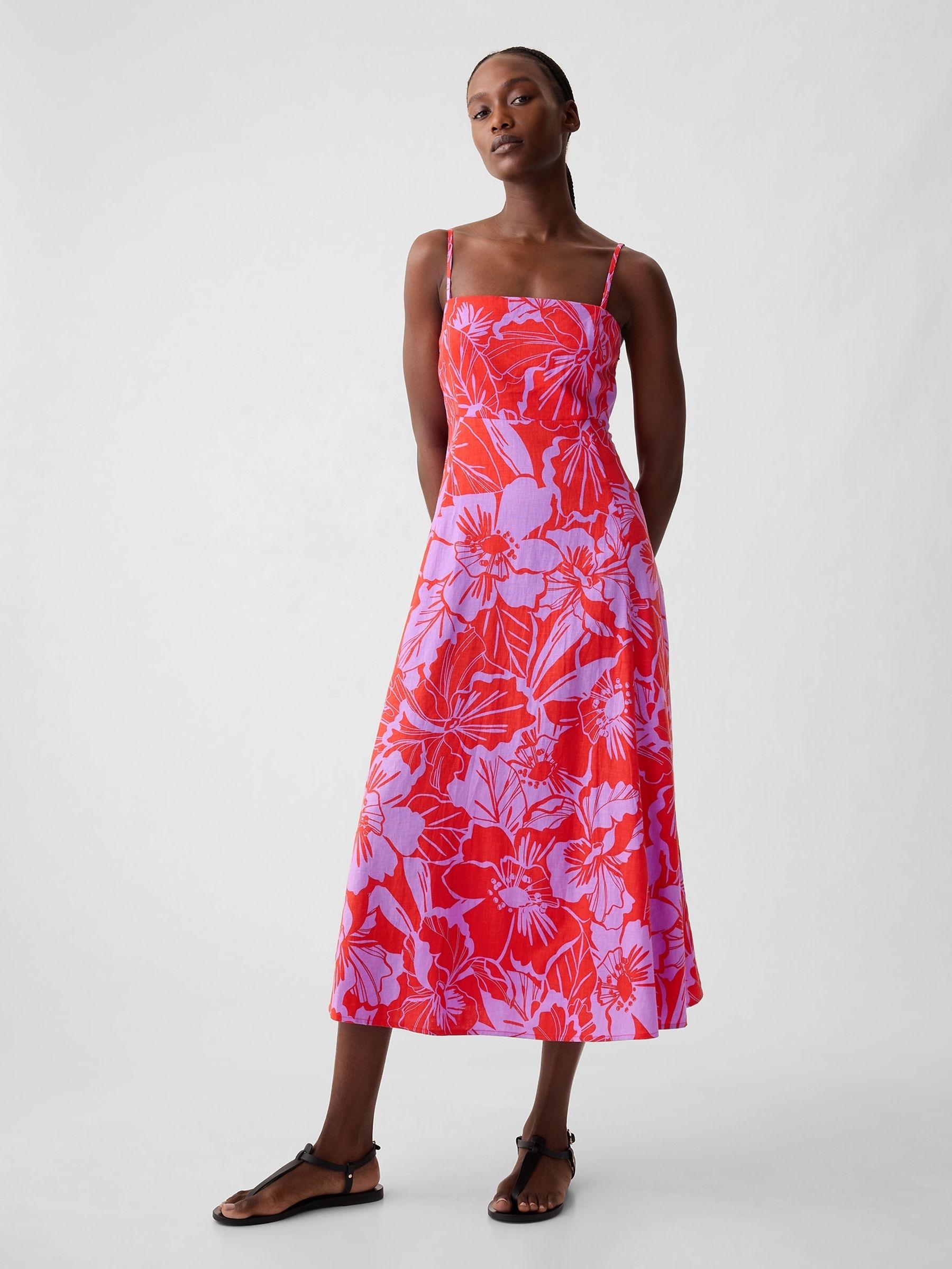 Red Floral Linen Blend Removable Straps Midi Dress - Image 2 of 6
