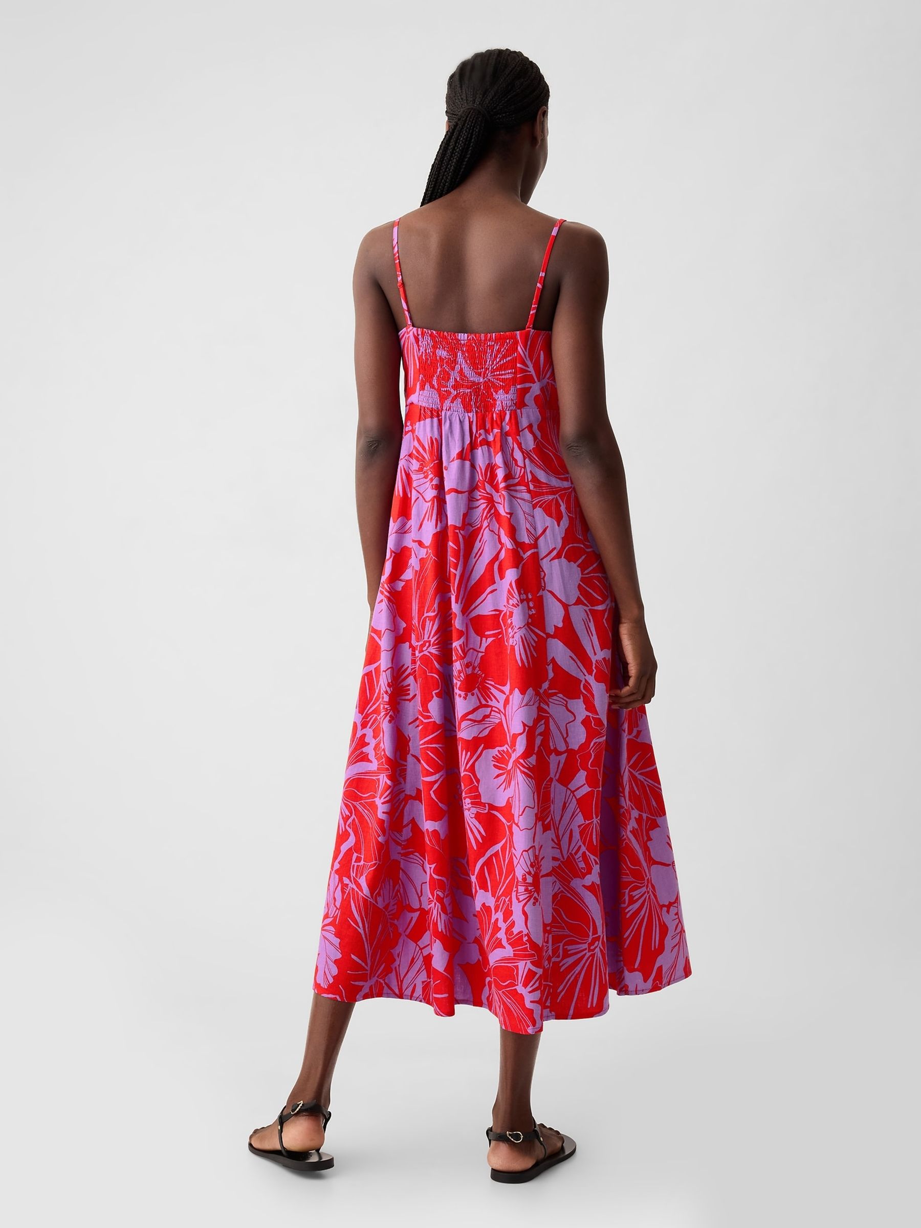 Red Floral Linen Blend Removable Straps Midi Dress - Image 3 of 6