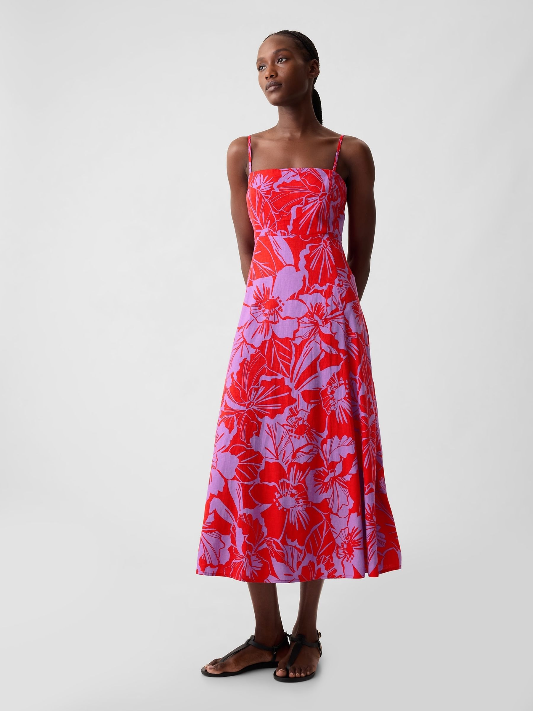 Red Floral Linen Blend Removable Straps Midi Dress - Image 4 of 6