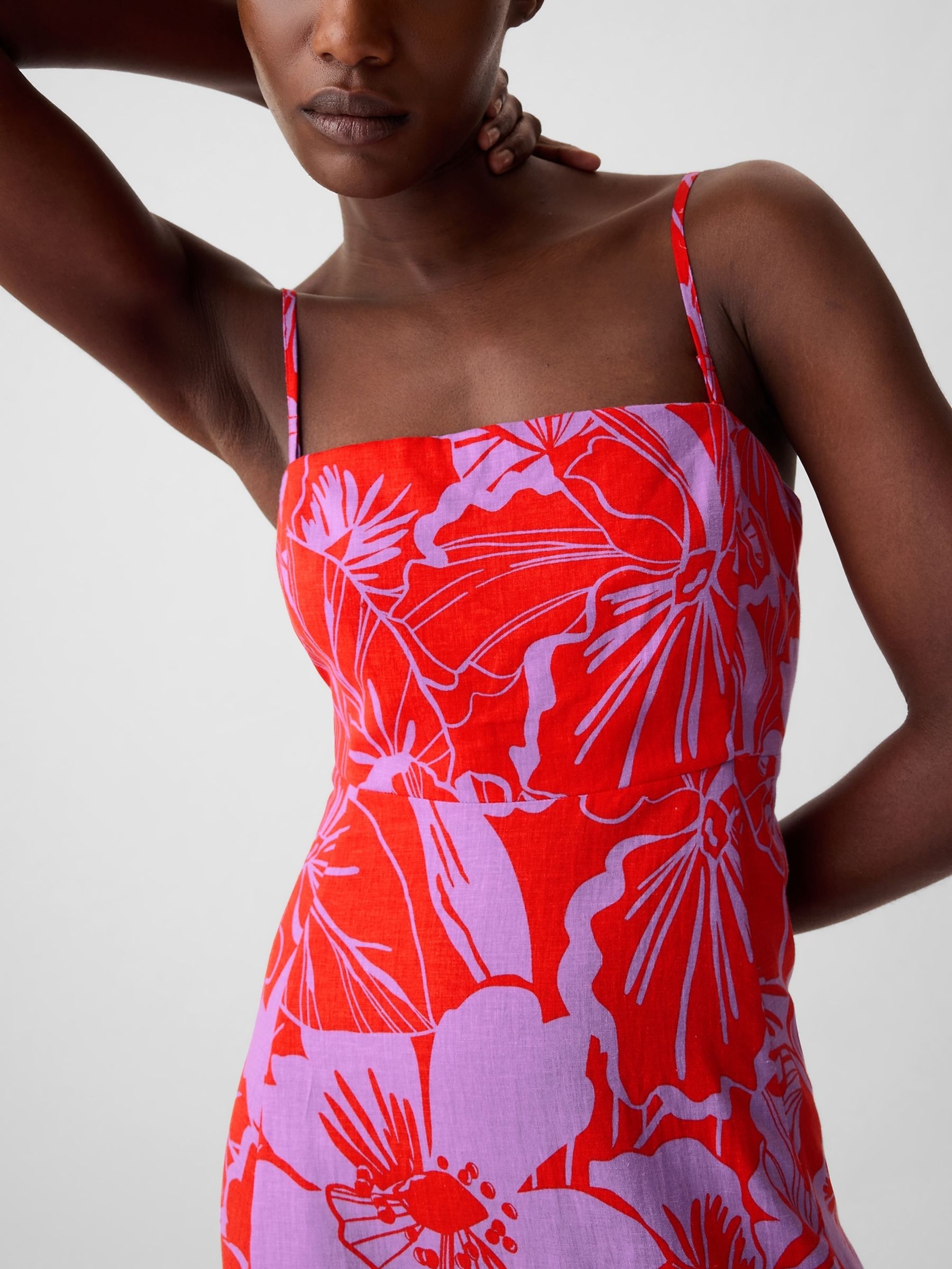Red Floral Linen Blend Removable Straps Midi Dress - Image 5 of 6