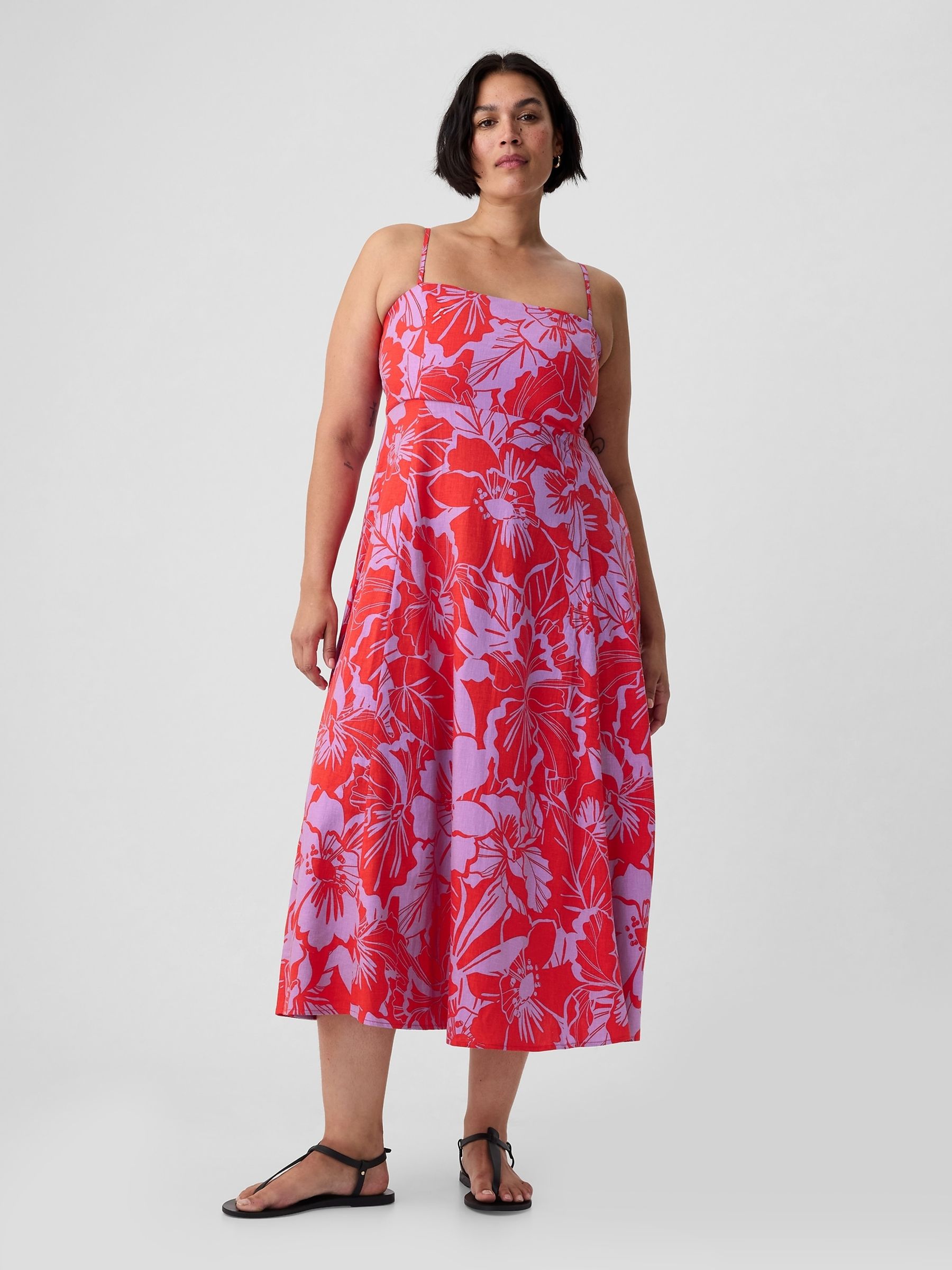 Red Floral Linen Blend Removable Straps Midi Dress - Image 6 of 6