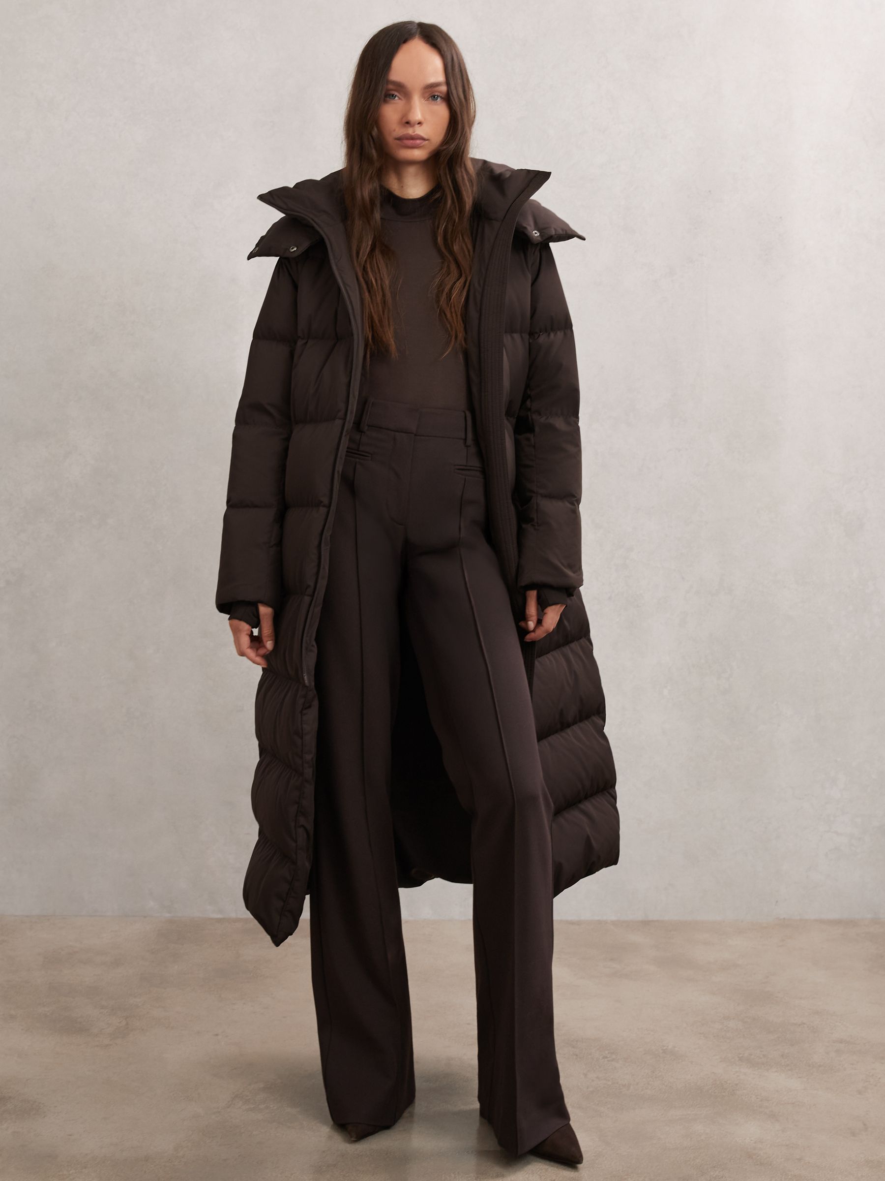 Belted Longline Hooded Puffer Coat in Chocolate Brown - Image 3 of 7