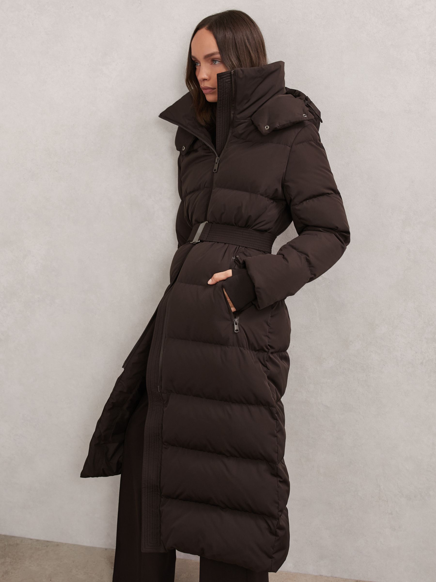 Belted Longline Hooded Puffer Coat in Chocolate Brown - Image 4 of 7