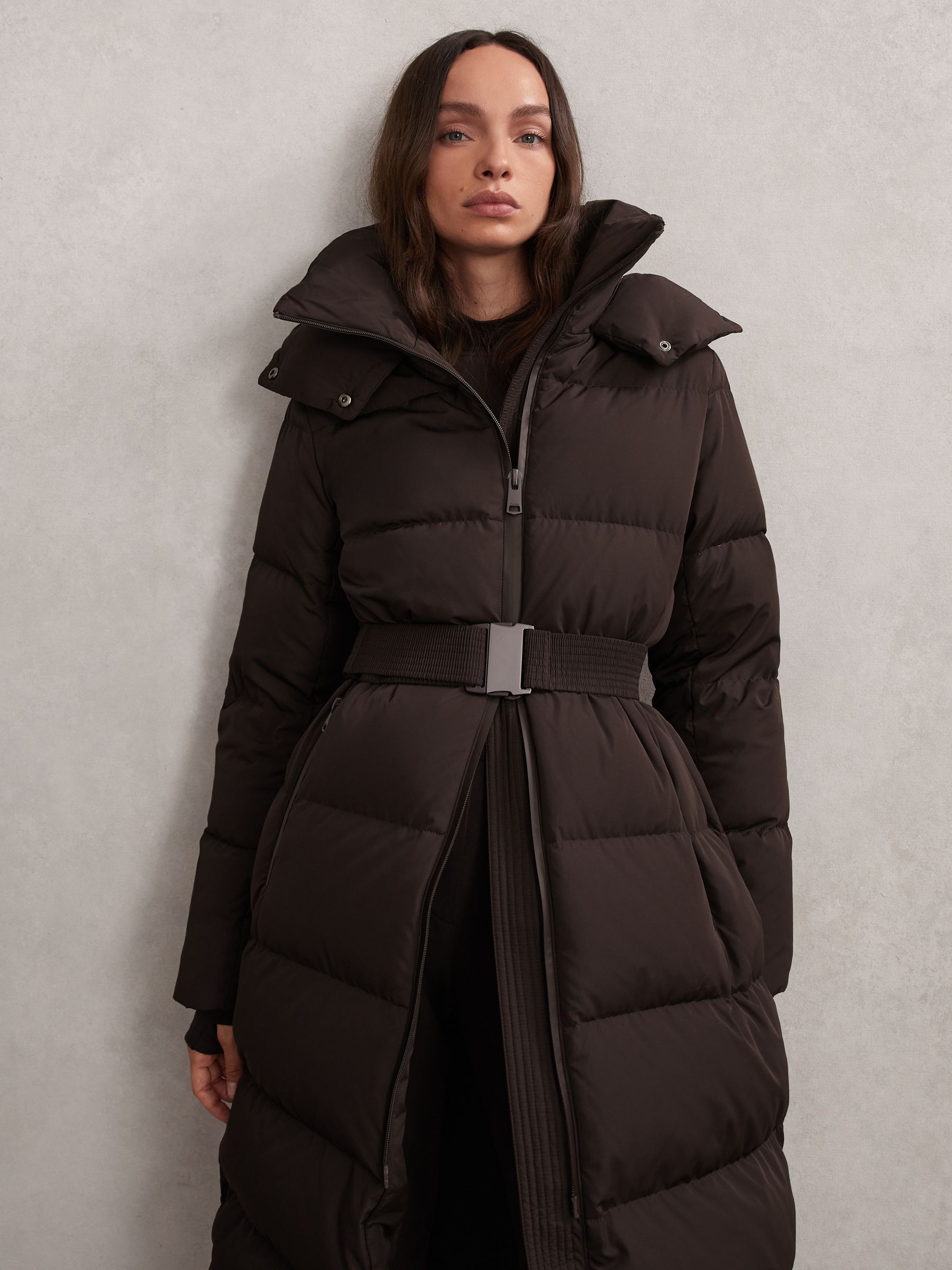 Belted Longline Hooded Puffer Coat in Chocolate Brown - Image 6 of 7