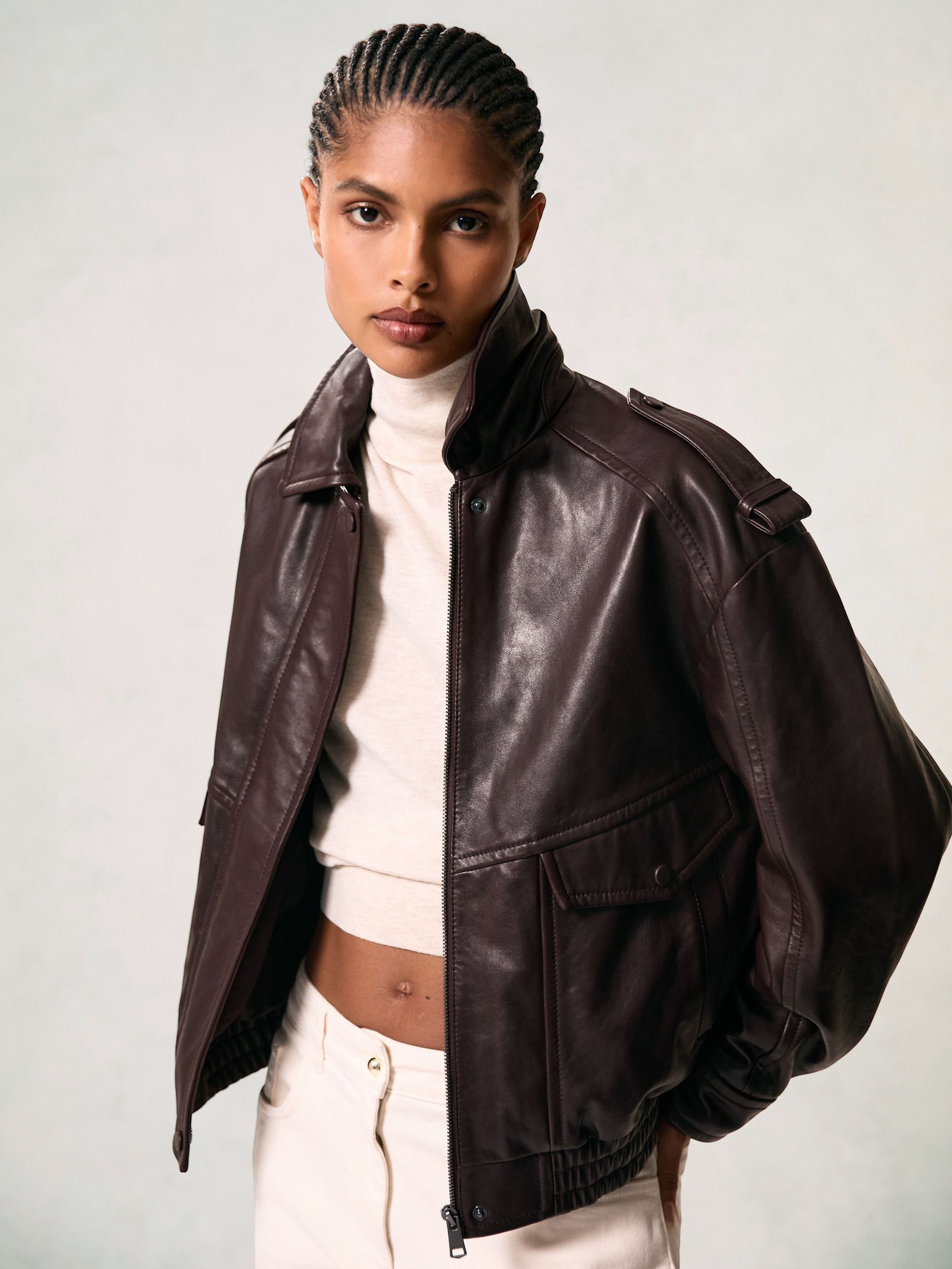【えいぼー】leather jacket Reiss Oversized Leather Jacket in Aubergine | REISS