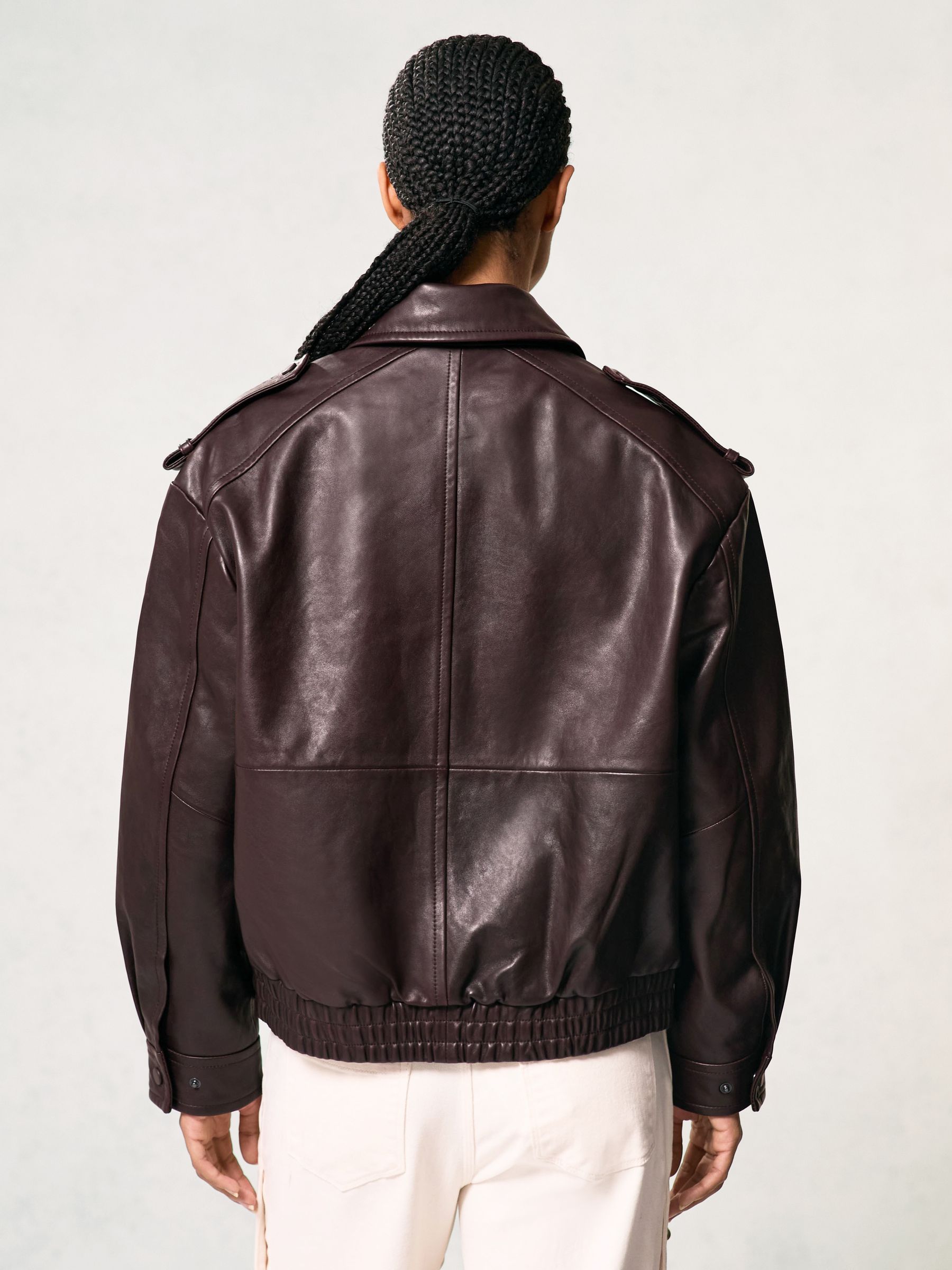 Reiss Oversized Leather Jacket in Aubergine | REISS