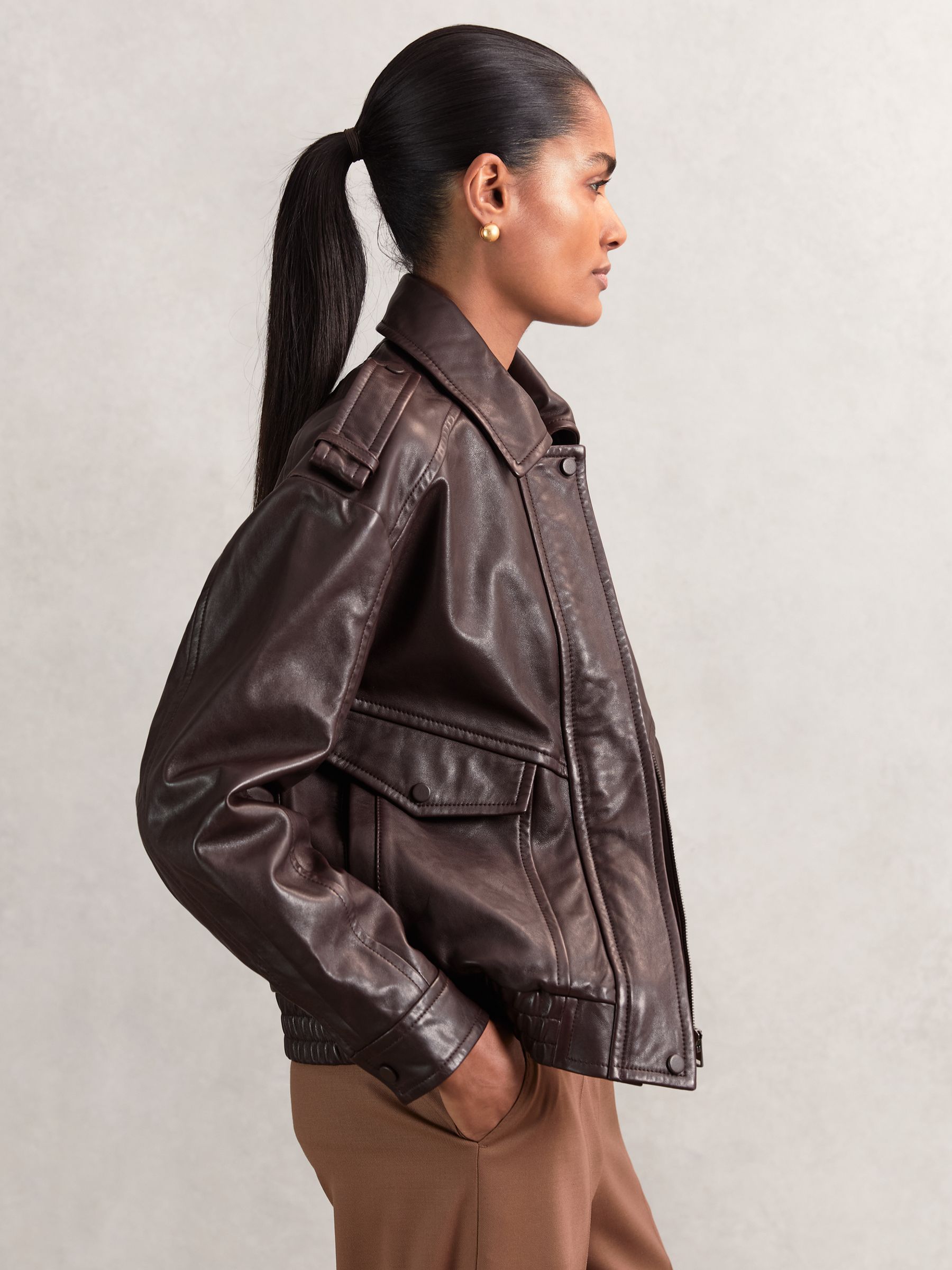 Reiss Oversized Leather Jacket in Aubergine | REISS