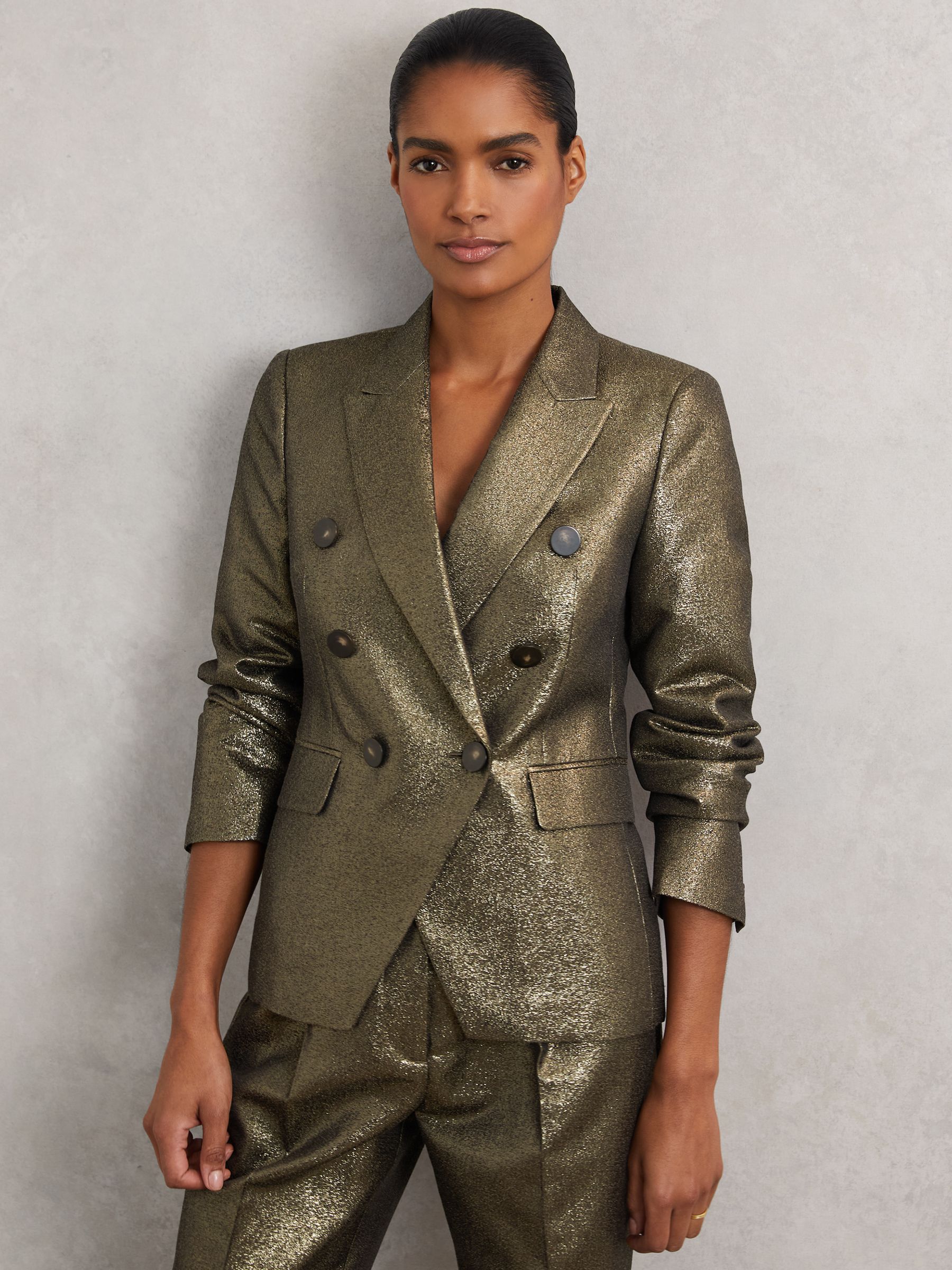 Double-Breasted Metallic Suit Blazer with Cotton in Gold - Image 1 of 6