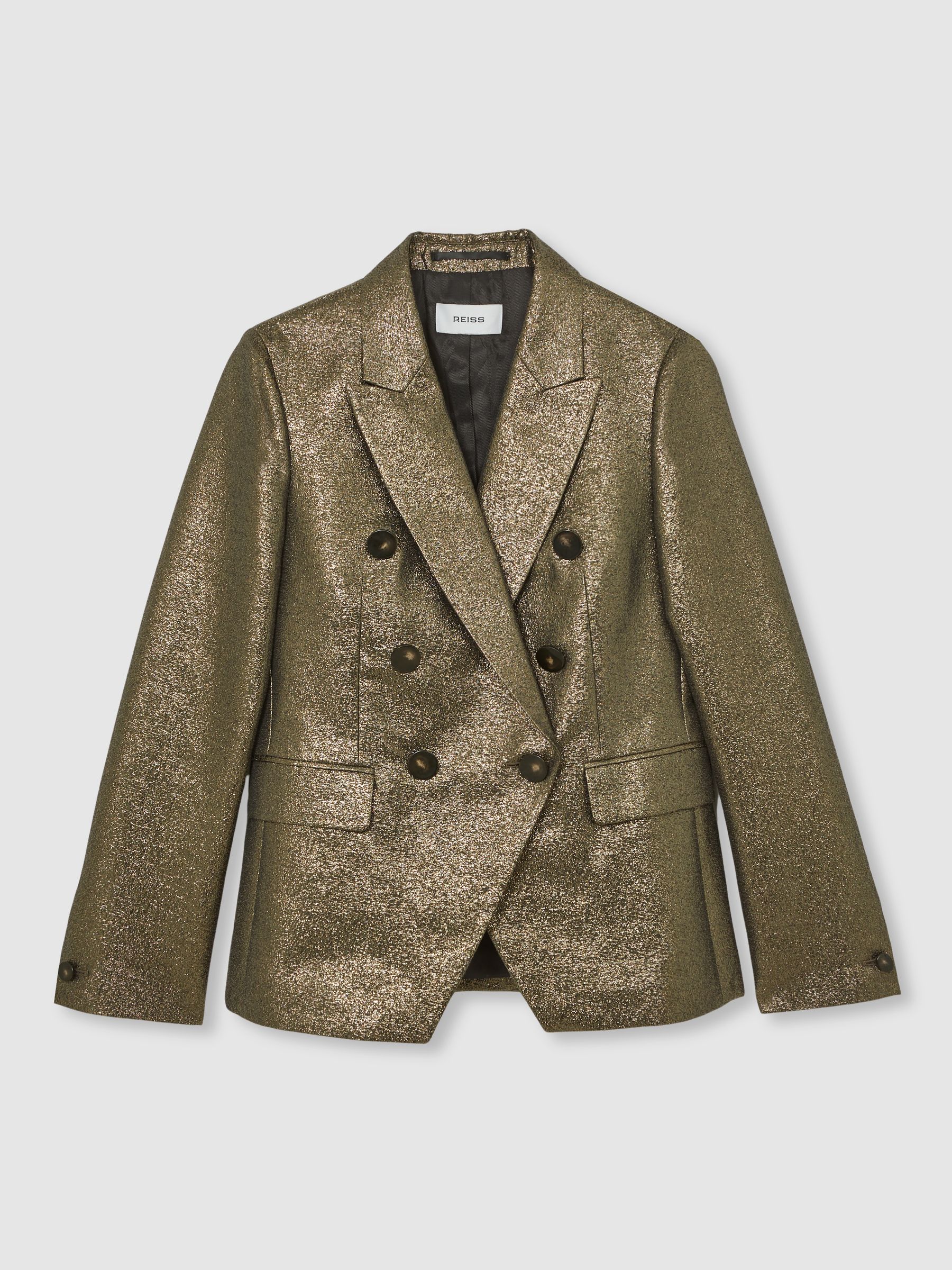 Double-Breasted Metallic Suit Blazer with Cotton in Gold - Image 2 of 6