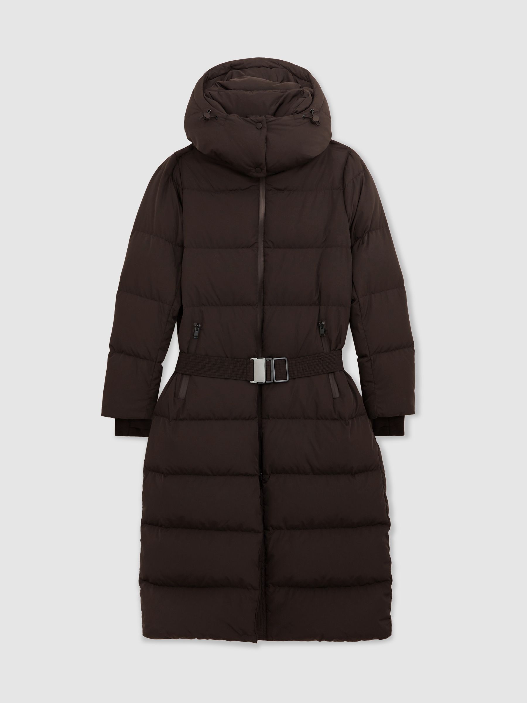 Petite Belted Longline Hooded Puffer Coat in Chocolate Brown - Image 2 of 8