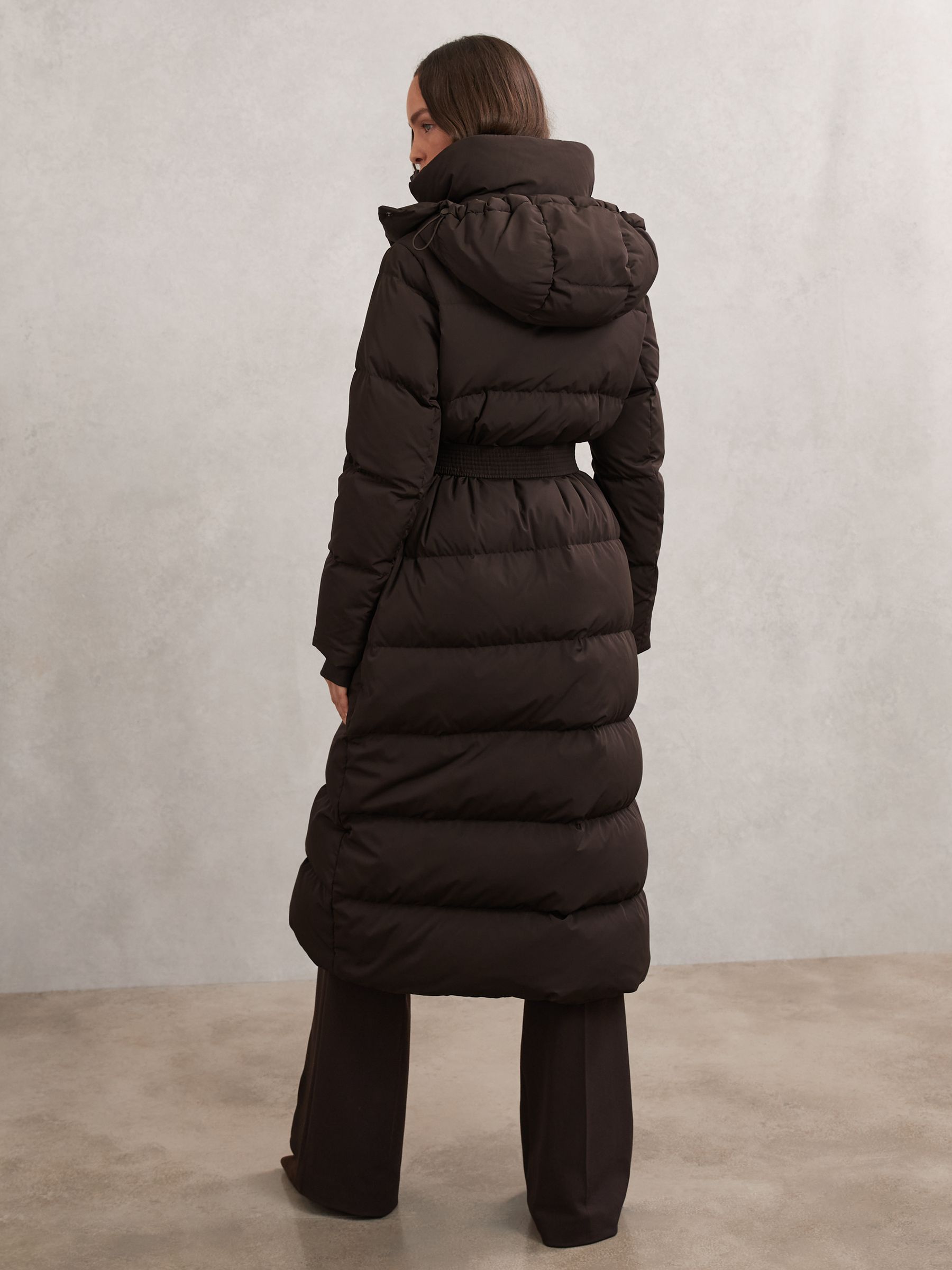 Petite Belted Longline Hooded Puffer Coat in Chocolate Brown - Image 5 of 8